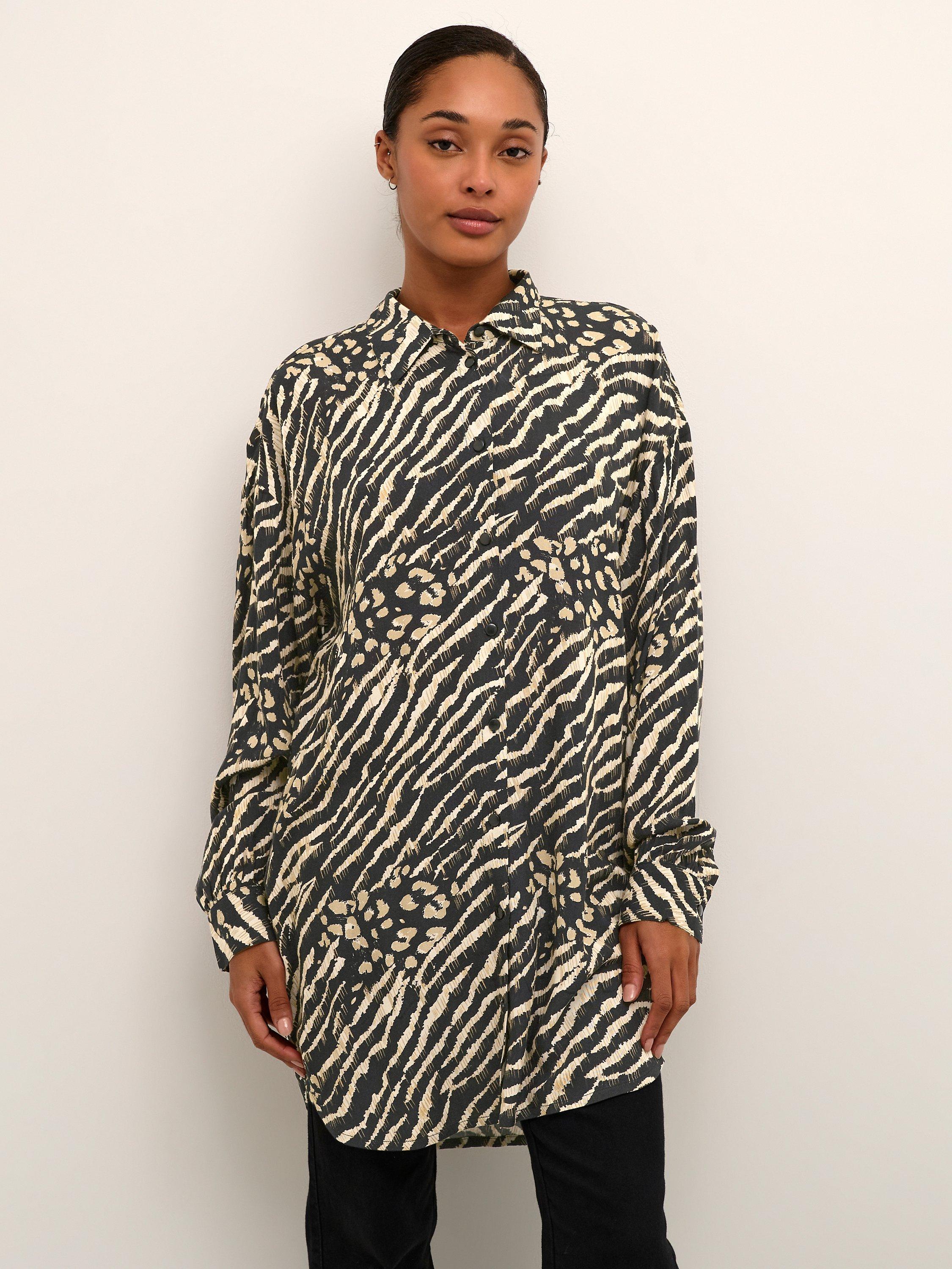 KAFFE Ditte Long Sleeve Oversize Shirt, Black/Brown