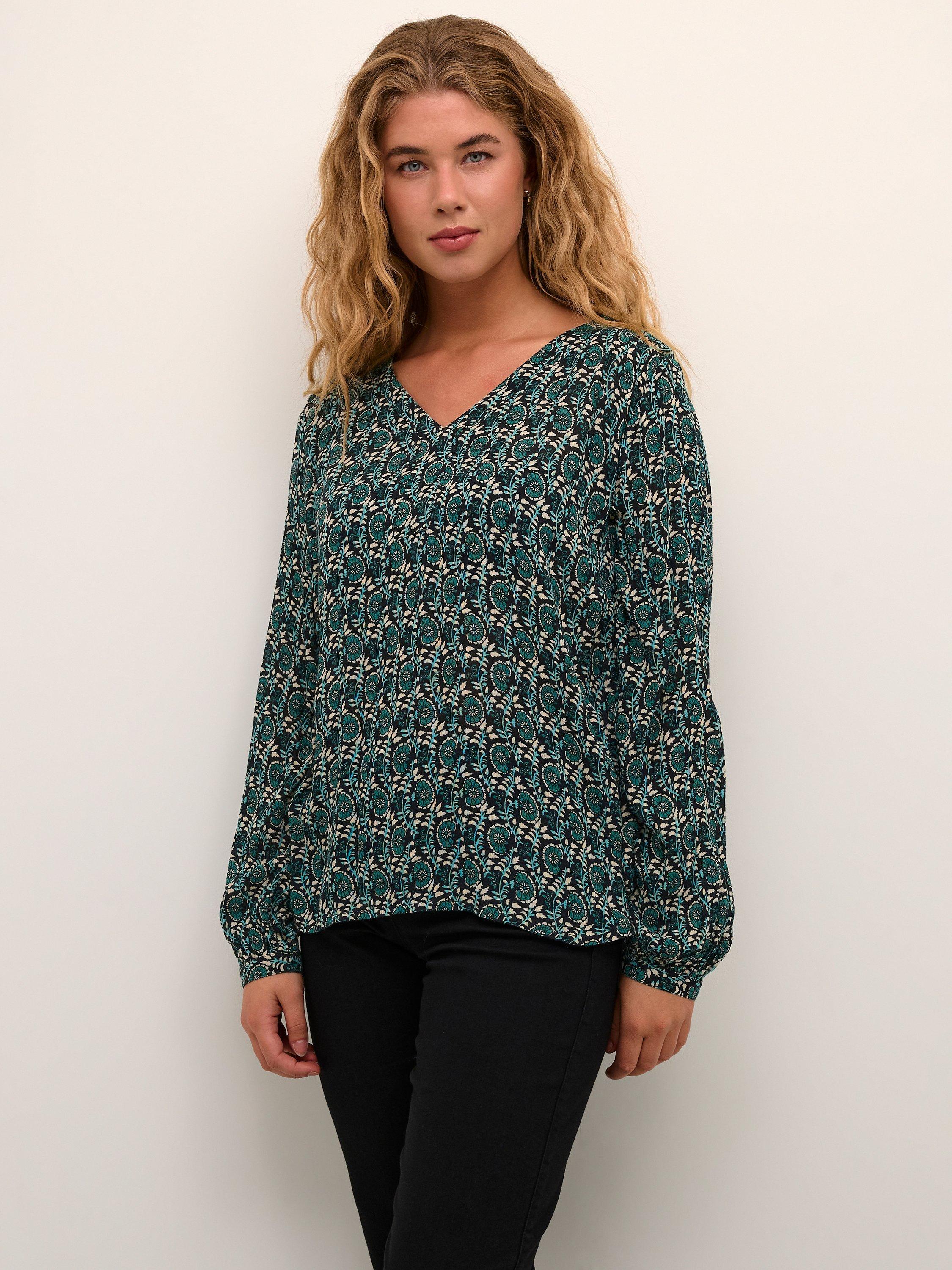 KAFFE Karina Amber Print Blouse, Green Flower, 8