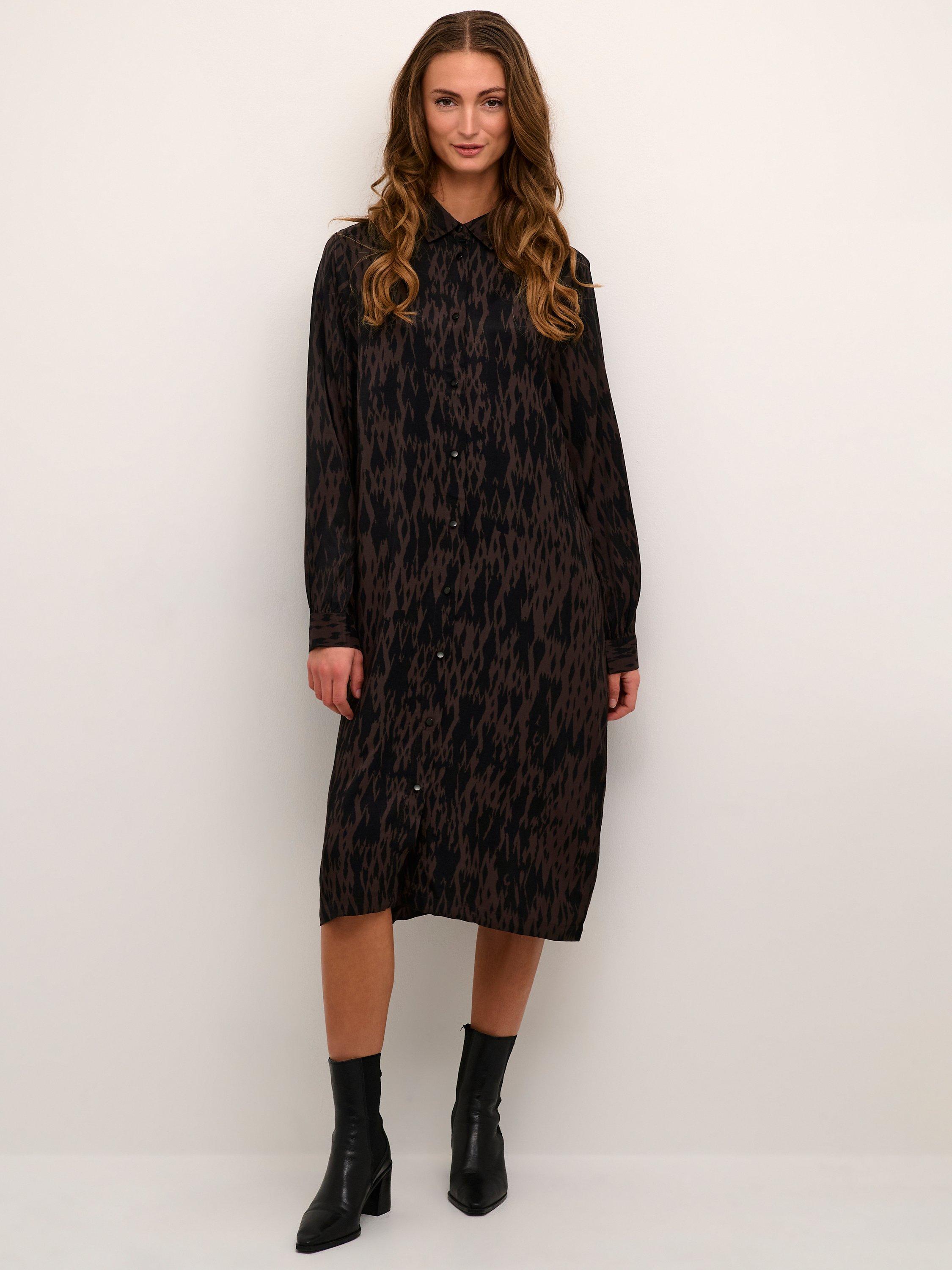 Product image 3 of 6, which shows KAFFE Ravia Knee Length Pocket Shirt Dress, Brown/Black, 8