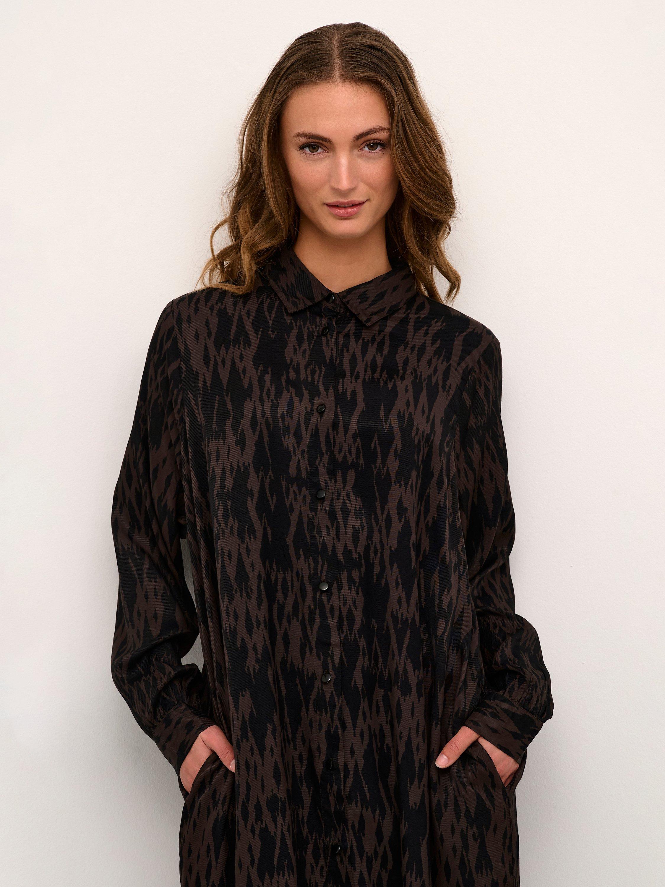 Product image 4 of 6, which shows KAFFE Ravia Knee Length Pocket Shirt Dress, Brown/Black, 8
