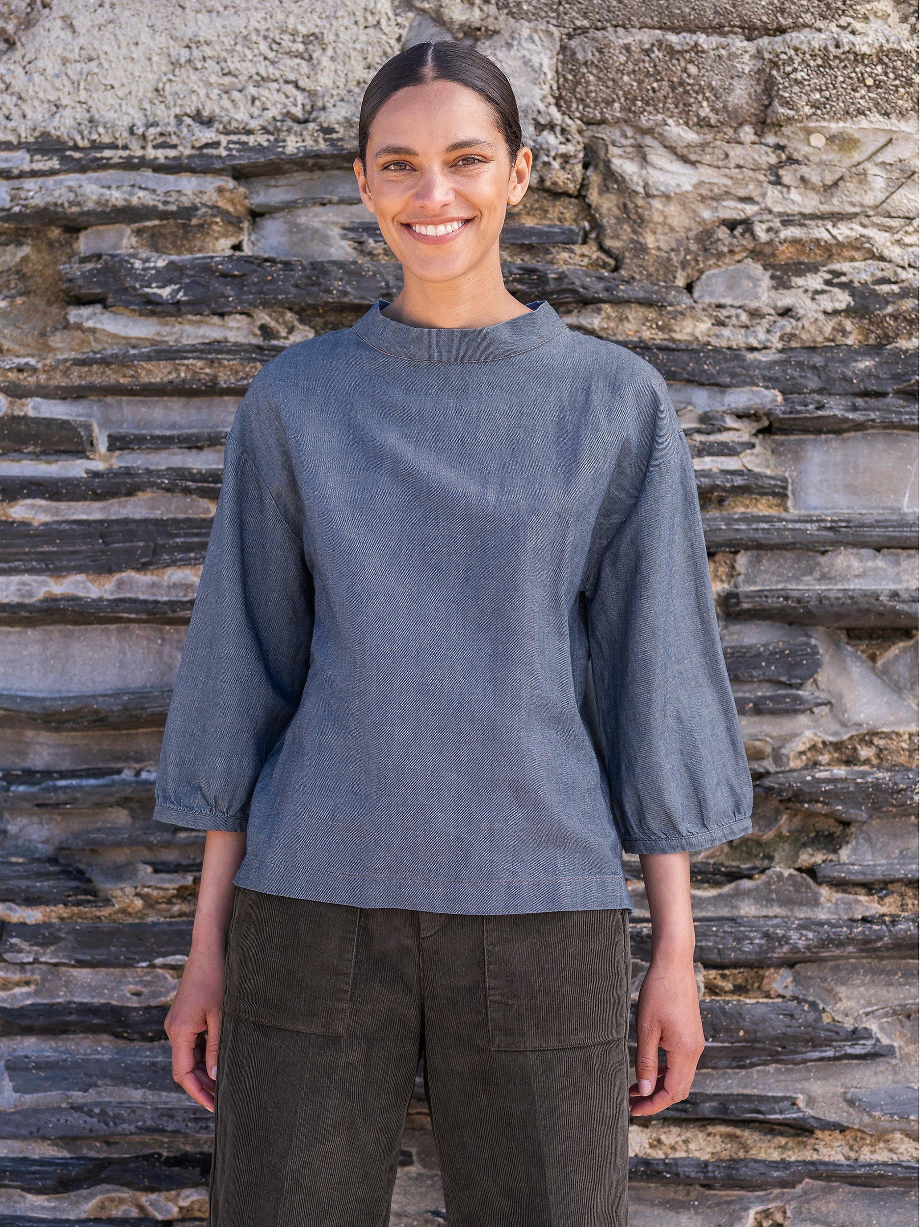 Celtic & Co. Linen Blend Twill Funnel Neck Blouse, Indigo