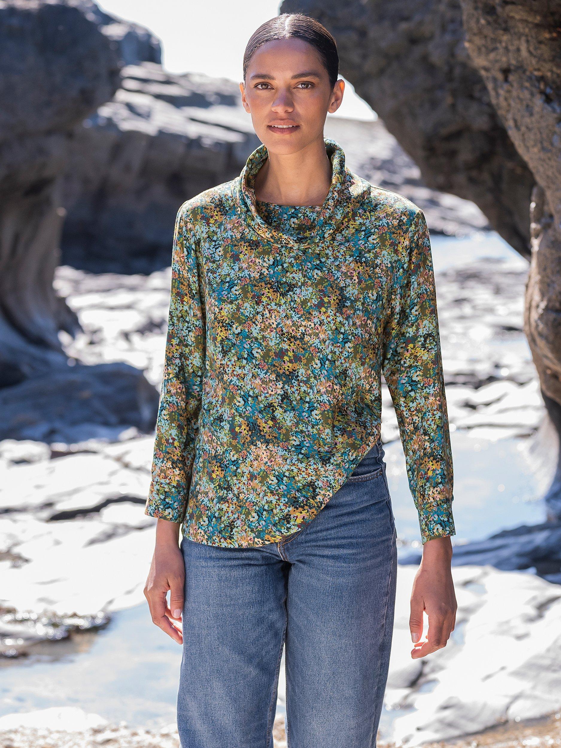 Celtic & Co. Printed Cowl Neck Top, Icelandic Blue