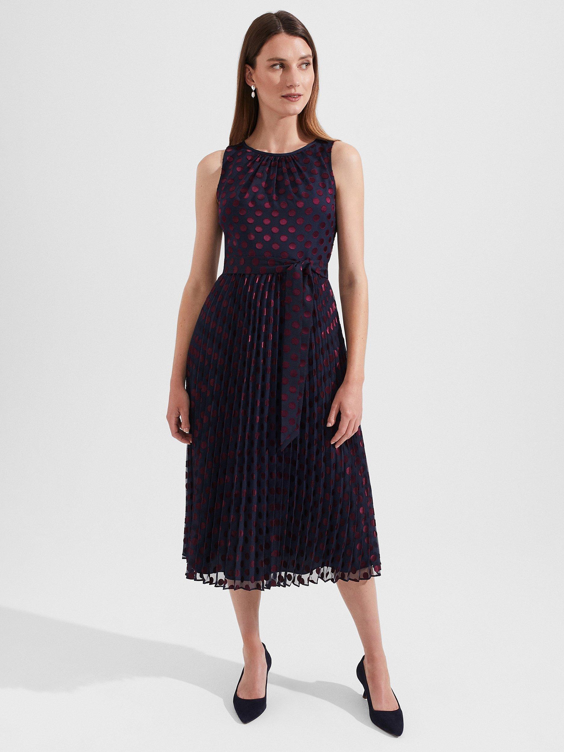 Hobbs Blythe Devoree Pleated Midi Dress Navy Burgundy