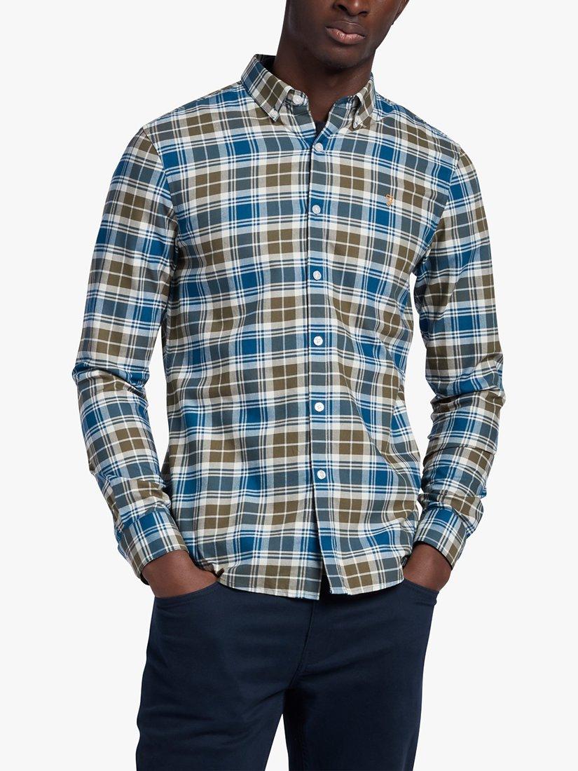 Farah Brewer Check Slim Fit Organic Cotton Oxford Shirt, Olive Green