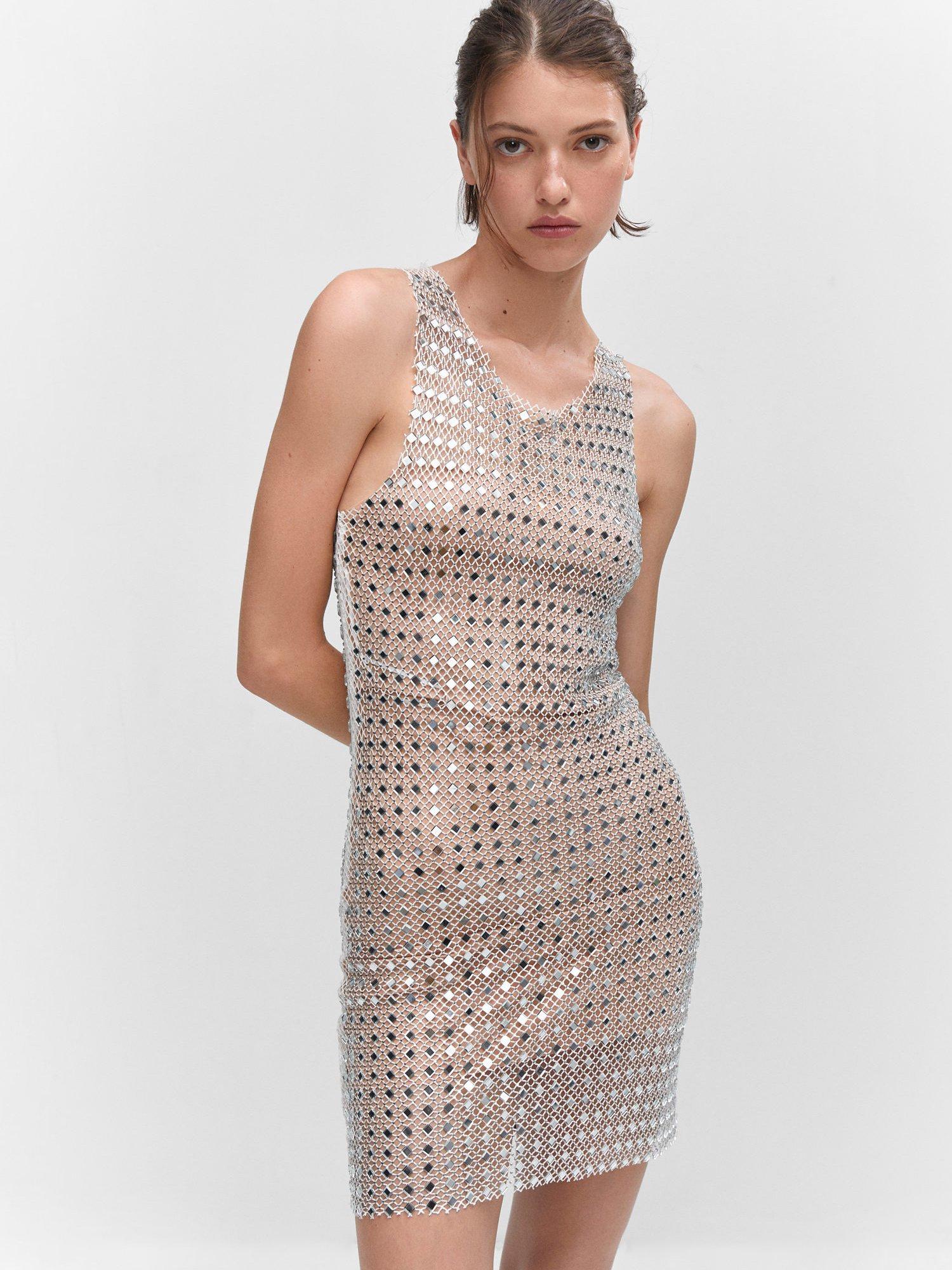 Mango Nuit Crystal Mesh Dress, Silver