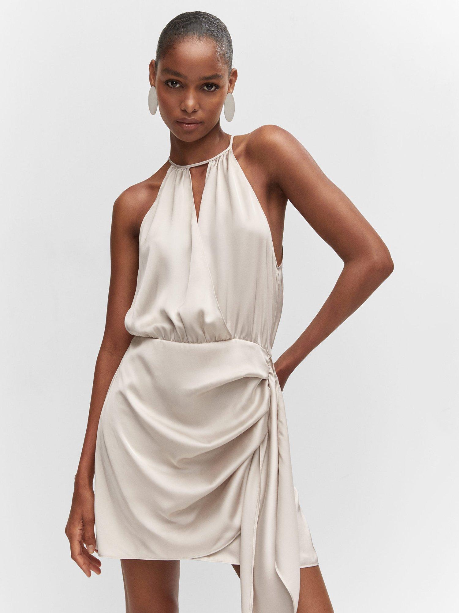 Mango Sandra Satin Halter Neck Mini Dress, Pastel Grey