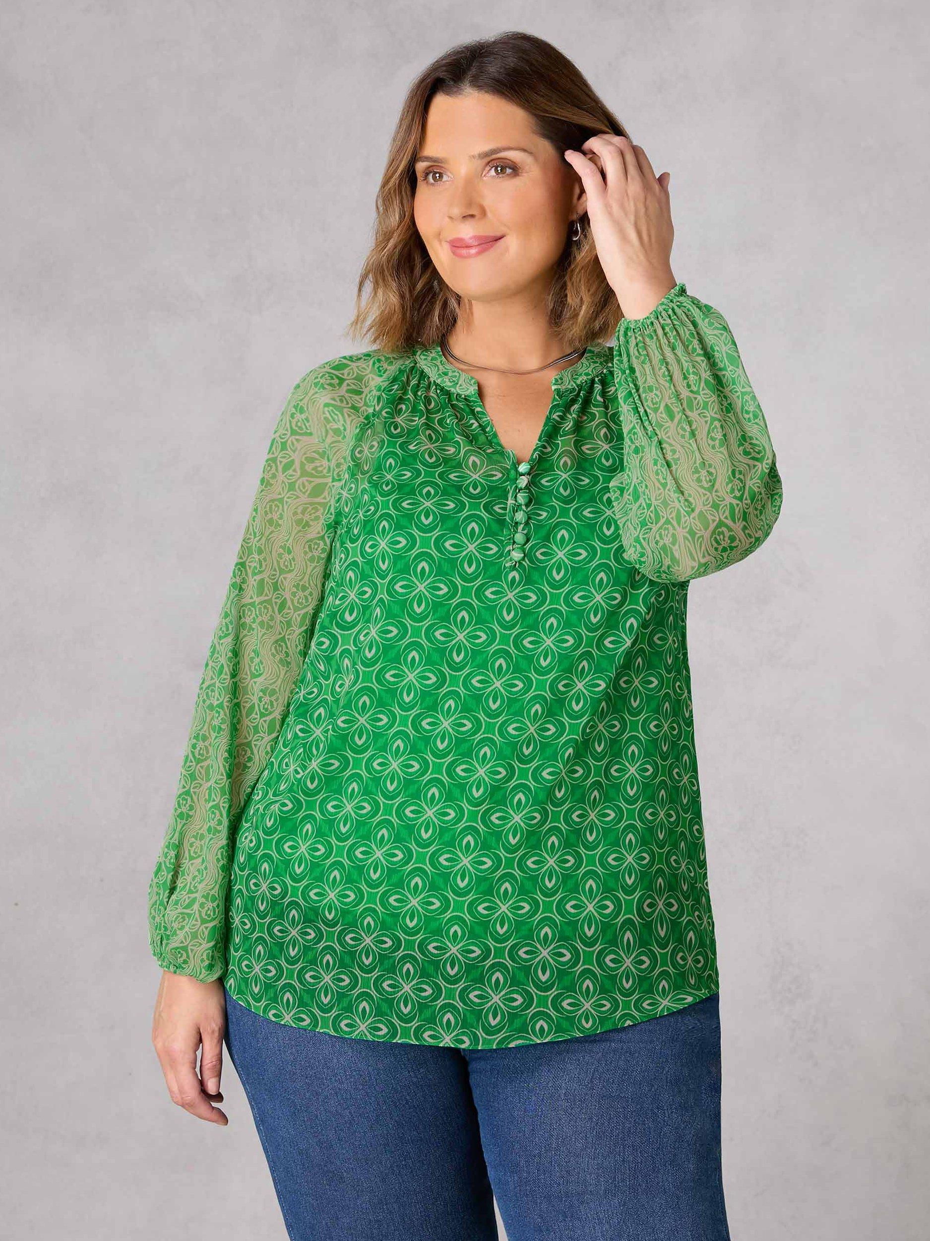 Live Unlimited Curve Geo Print Button Front Blouse, Green