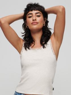 Superdry Organic Cotton Vintage Lace Trim Vest Top, Oat Cream Marl