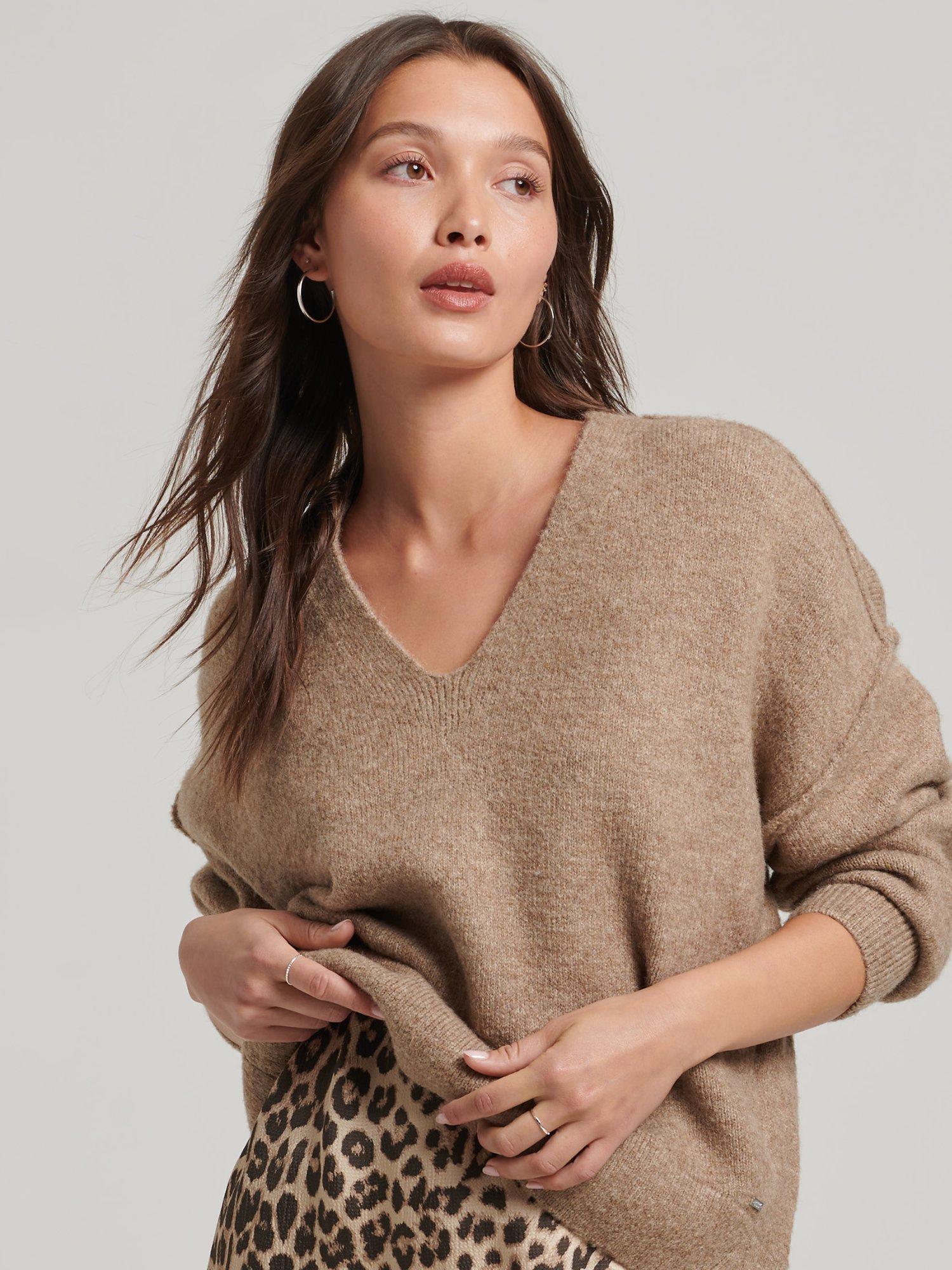 Superdry Oversized V-Neck Knit Jumper, Deep Camel Marl, 8