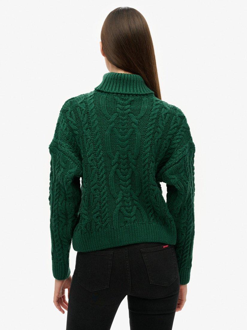 Product image 5 of 7, which shows Superdry Cable Knit Polo Neck Jumper, Pine Green, 14