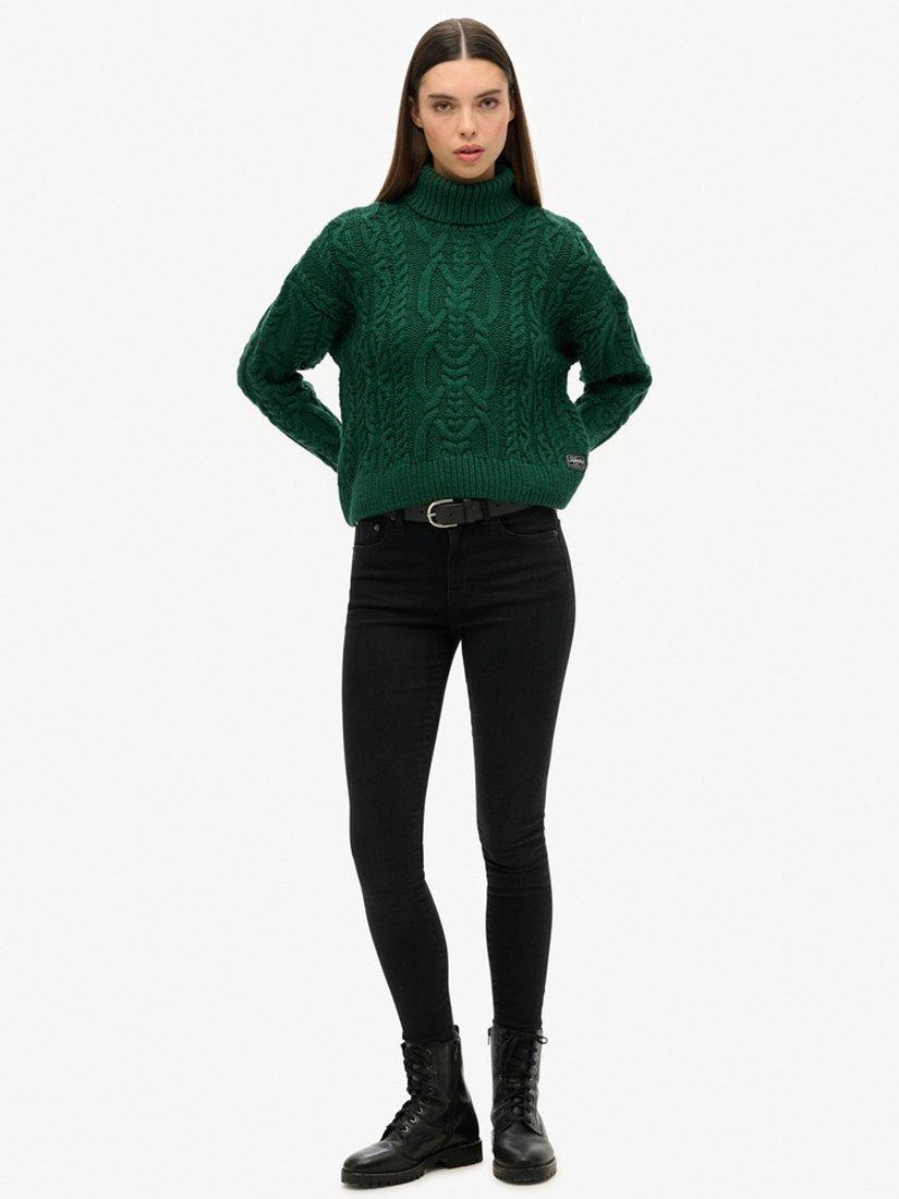 Product image 2 of 7, which shows Superdry Cable Knit Polo Neck Jumper, Pine Green, 14