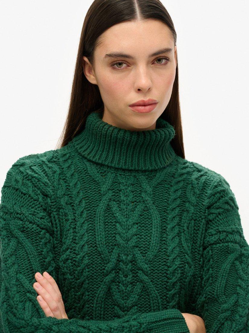 Product image 3 of 7, which shows Superdry Cable Knit Polo Neck Jumper, Pine Green, 14