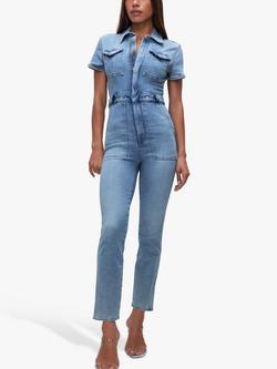 Good American Short Sleeve Denim Jumpsuit, Blue, Blue