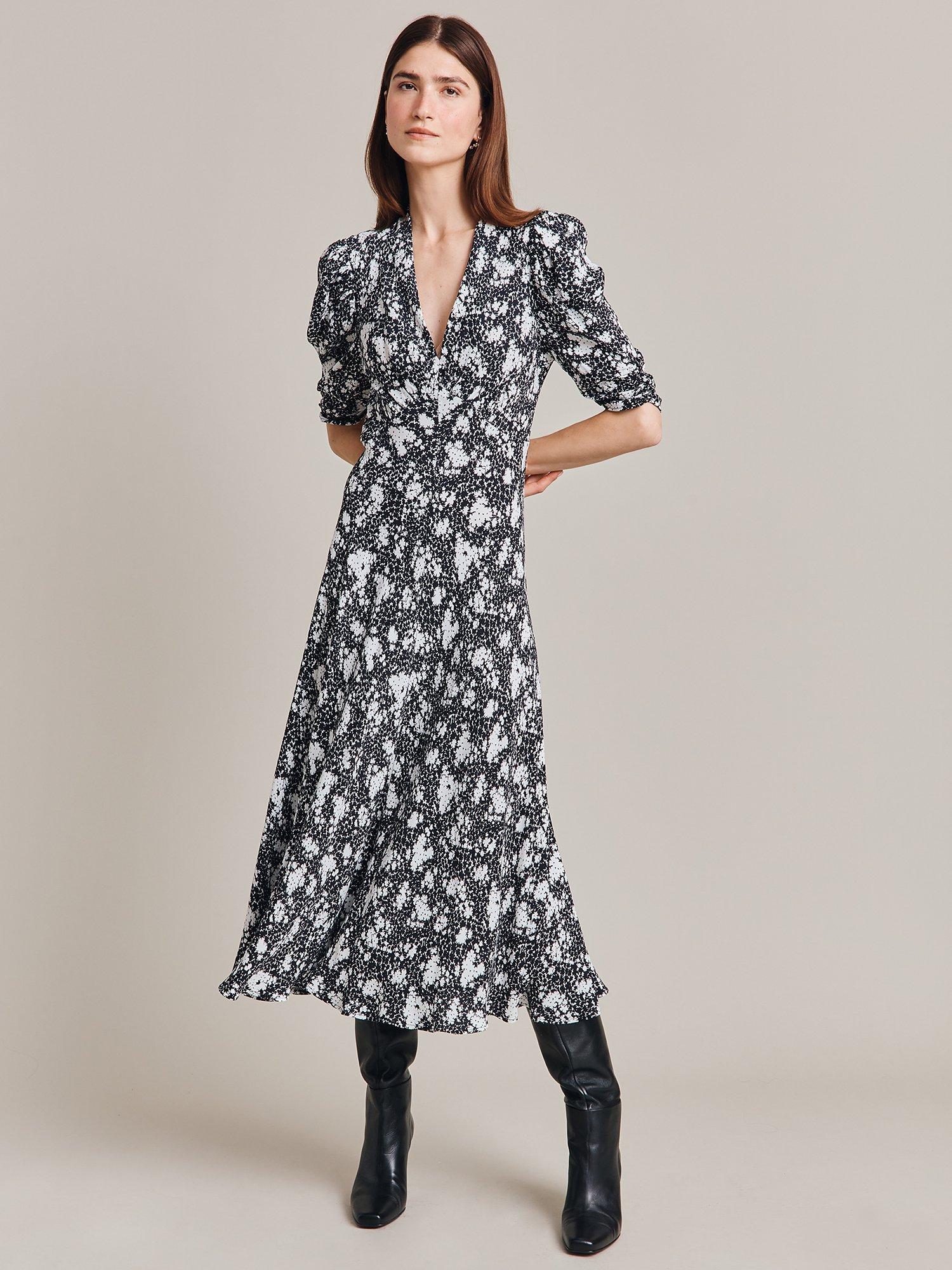 Ghost Madi Floral Print Midi Dress, Black/White