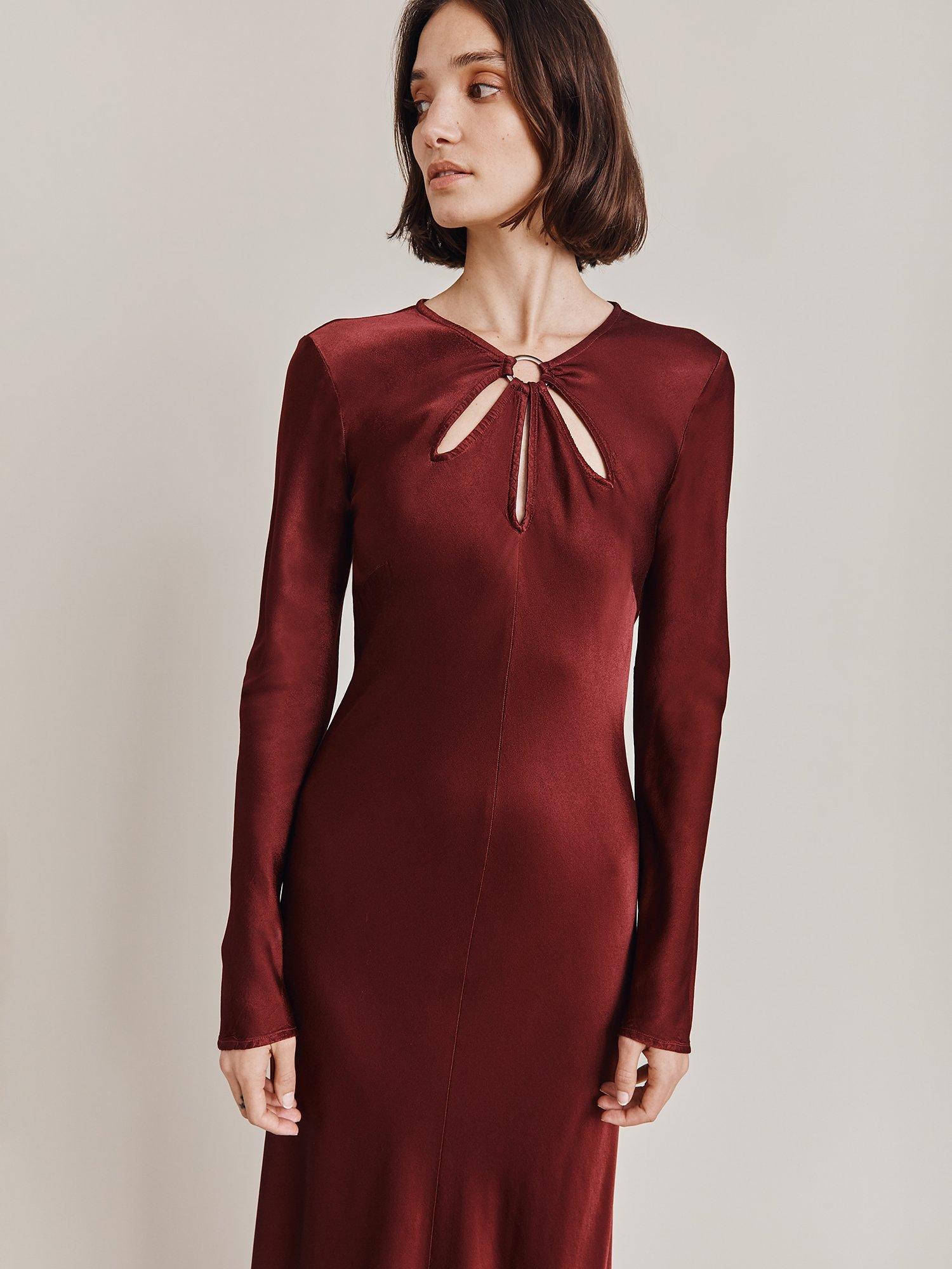Product image 3 of 4, which shows Ghost Freya Cut-Out Detail Satin Midi Dress, Port, S