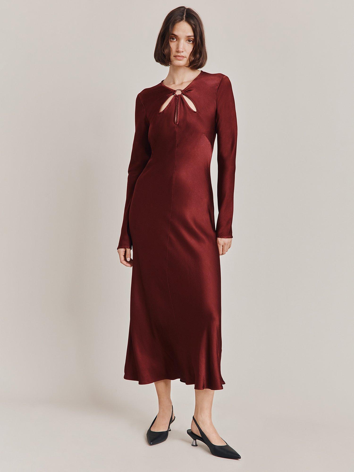 Product image 4 of 4, which shows Ghost Freya Cut-Out Detail Satin Midi Dress, Port, S