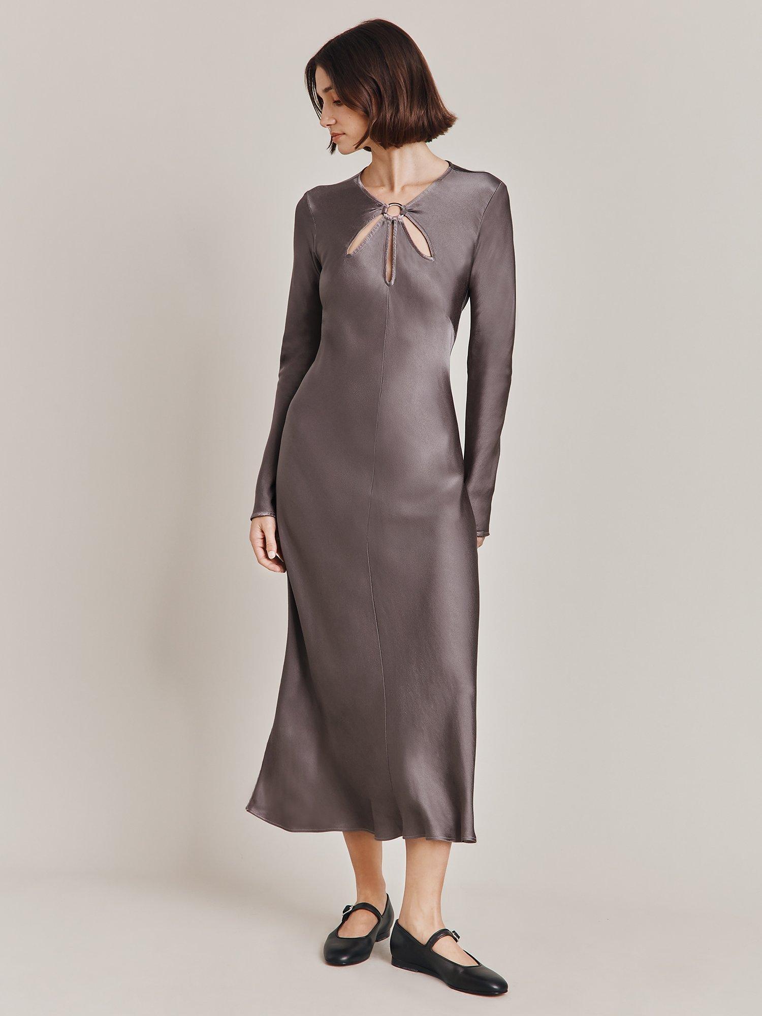 Ghost Freya Cut Out Detail Satin Midi Dress Grey