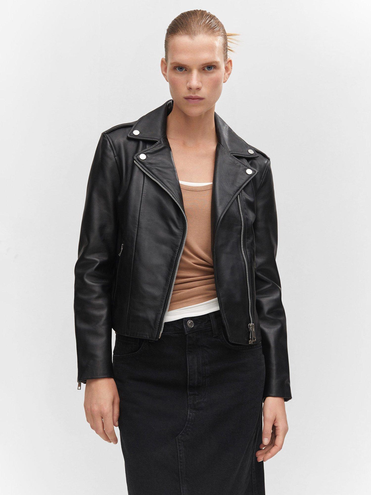 Mango Perfect Leather Biker Jacket, Black