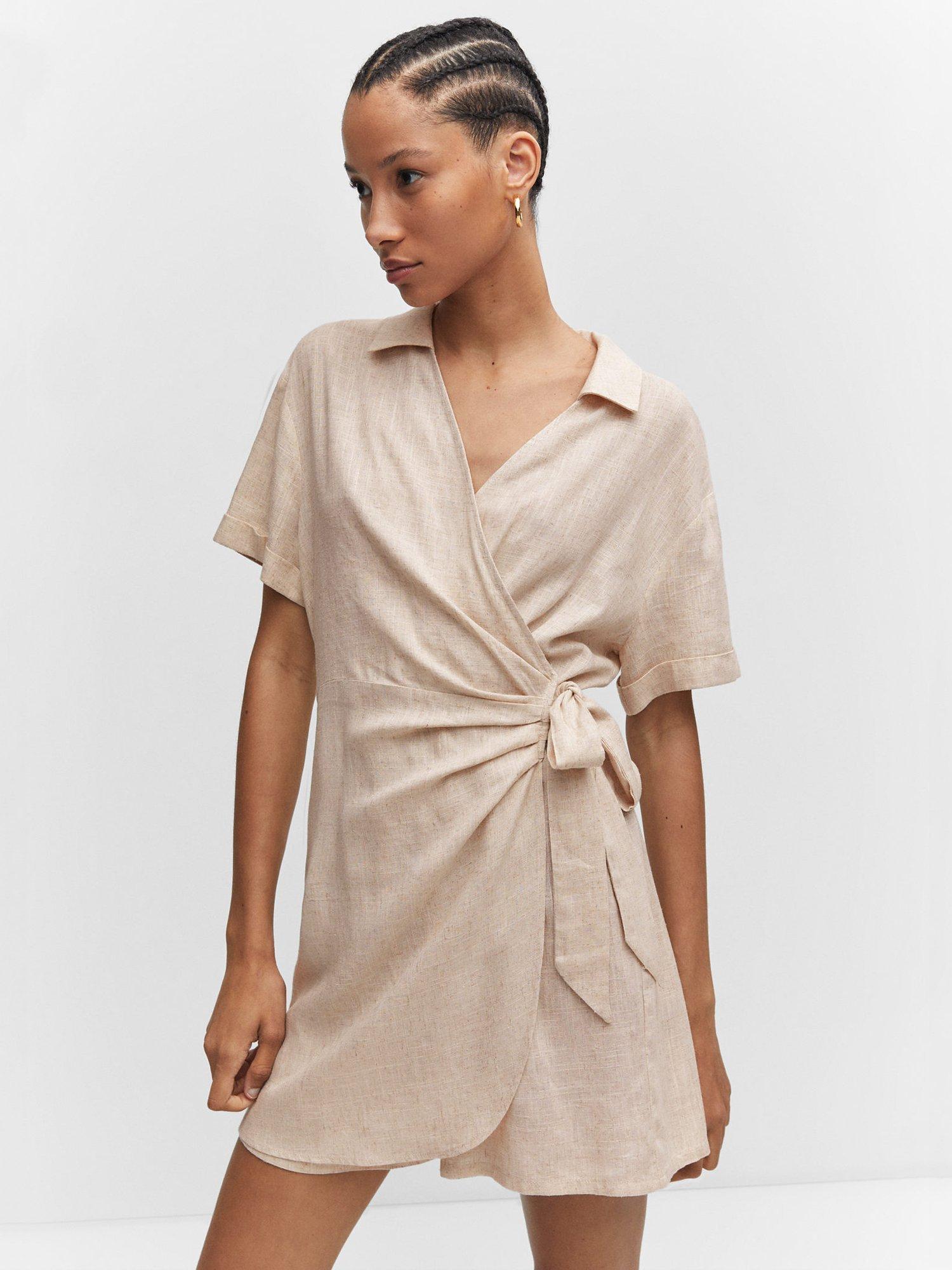 Mango Muse Linen Blend Wrap Playsuit, Biege