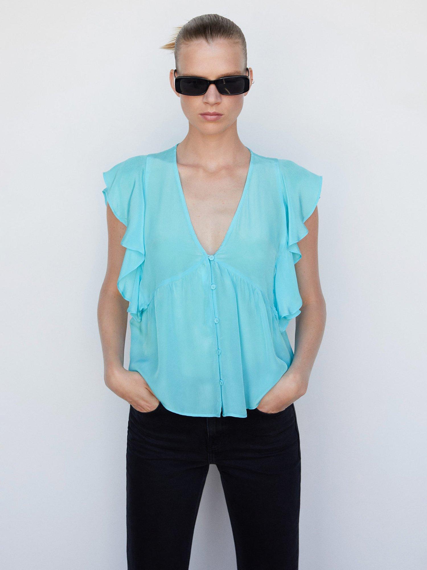 Mango Sandro Ruffled Blouse, Turquoise