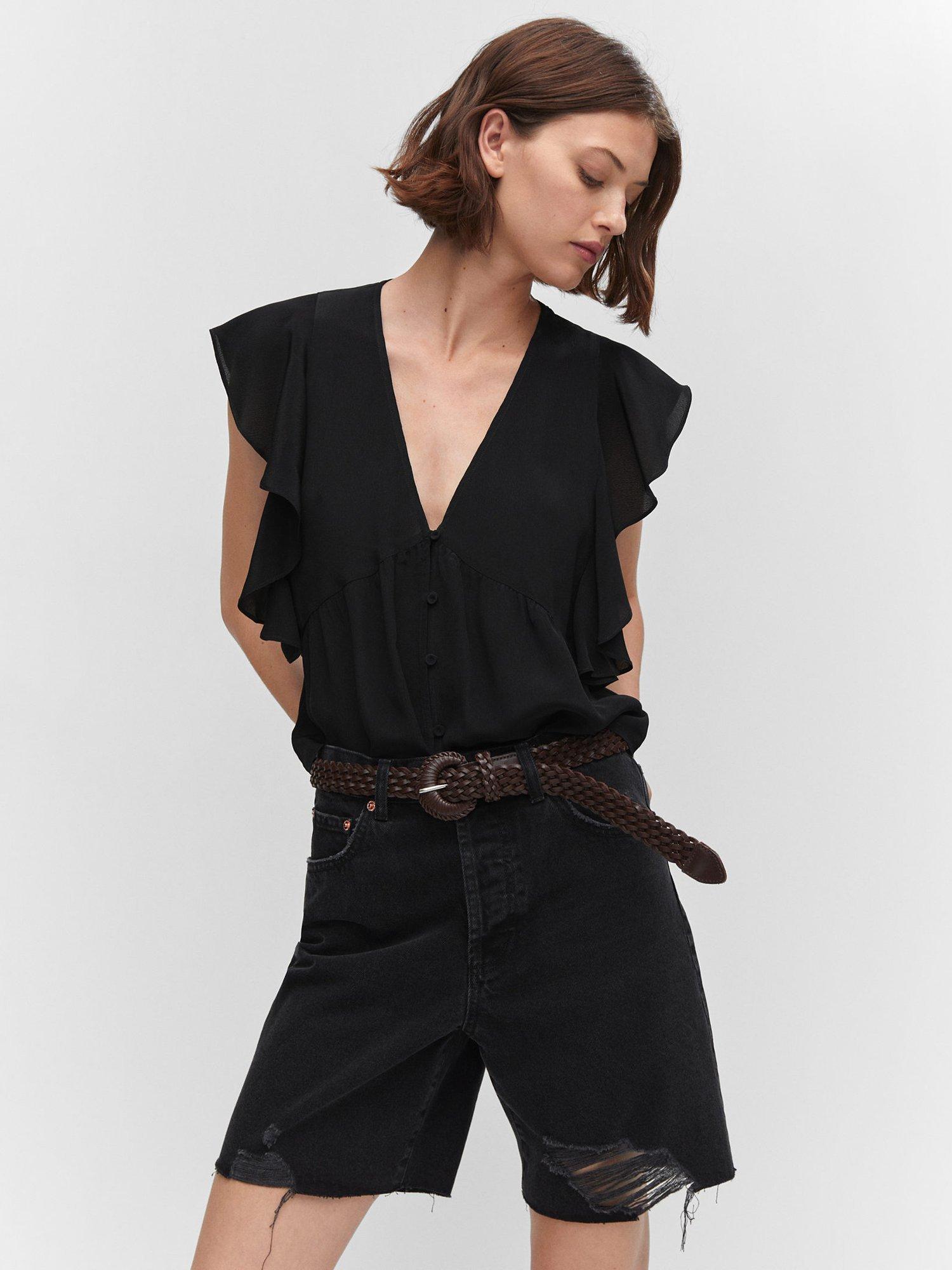 Mango Sandro Ruffled Blouse, Black