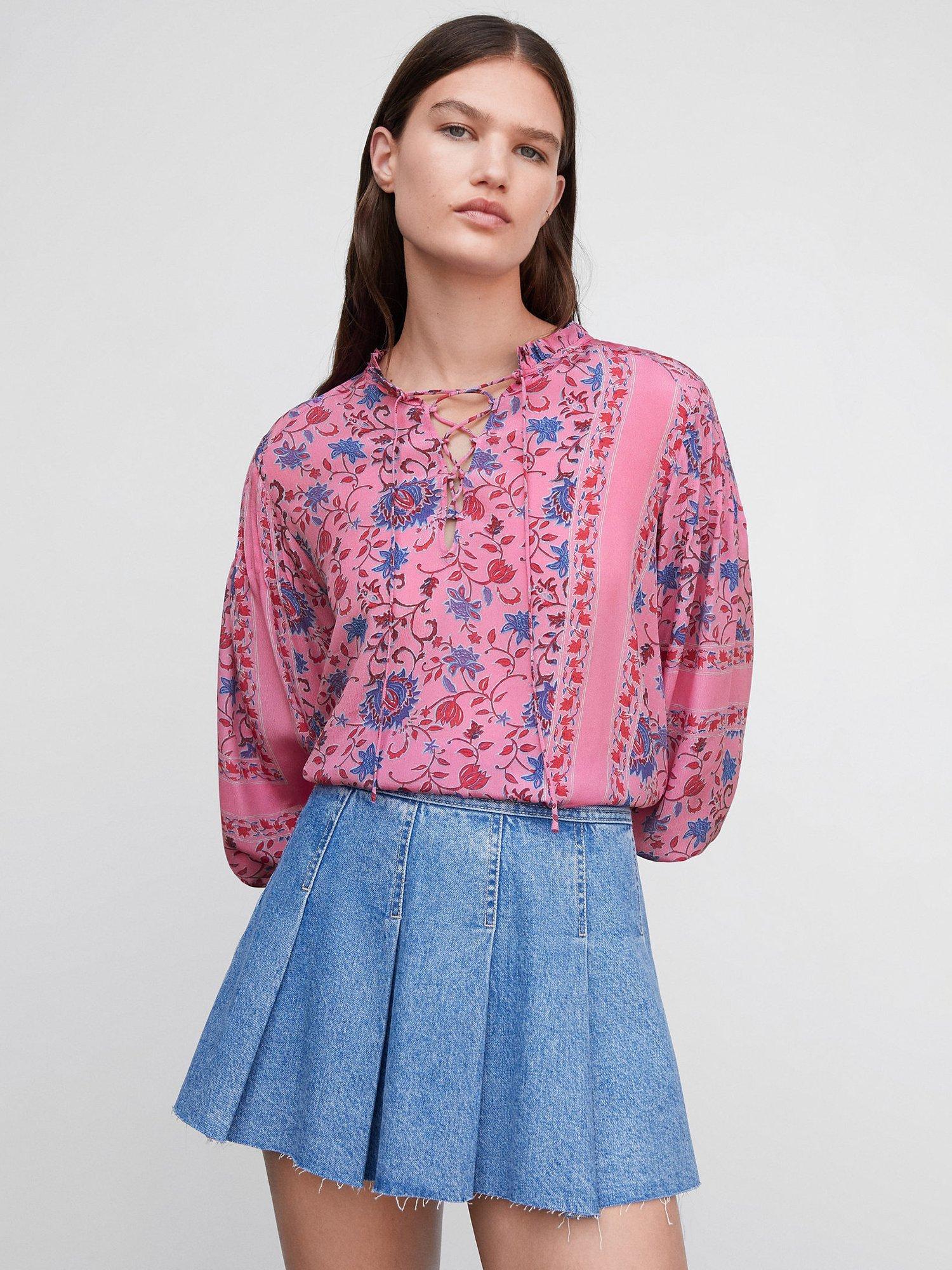 Mango Loren Printed Puff Sleeve Blouse, Pink/Multi