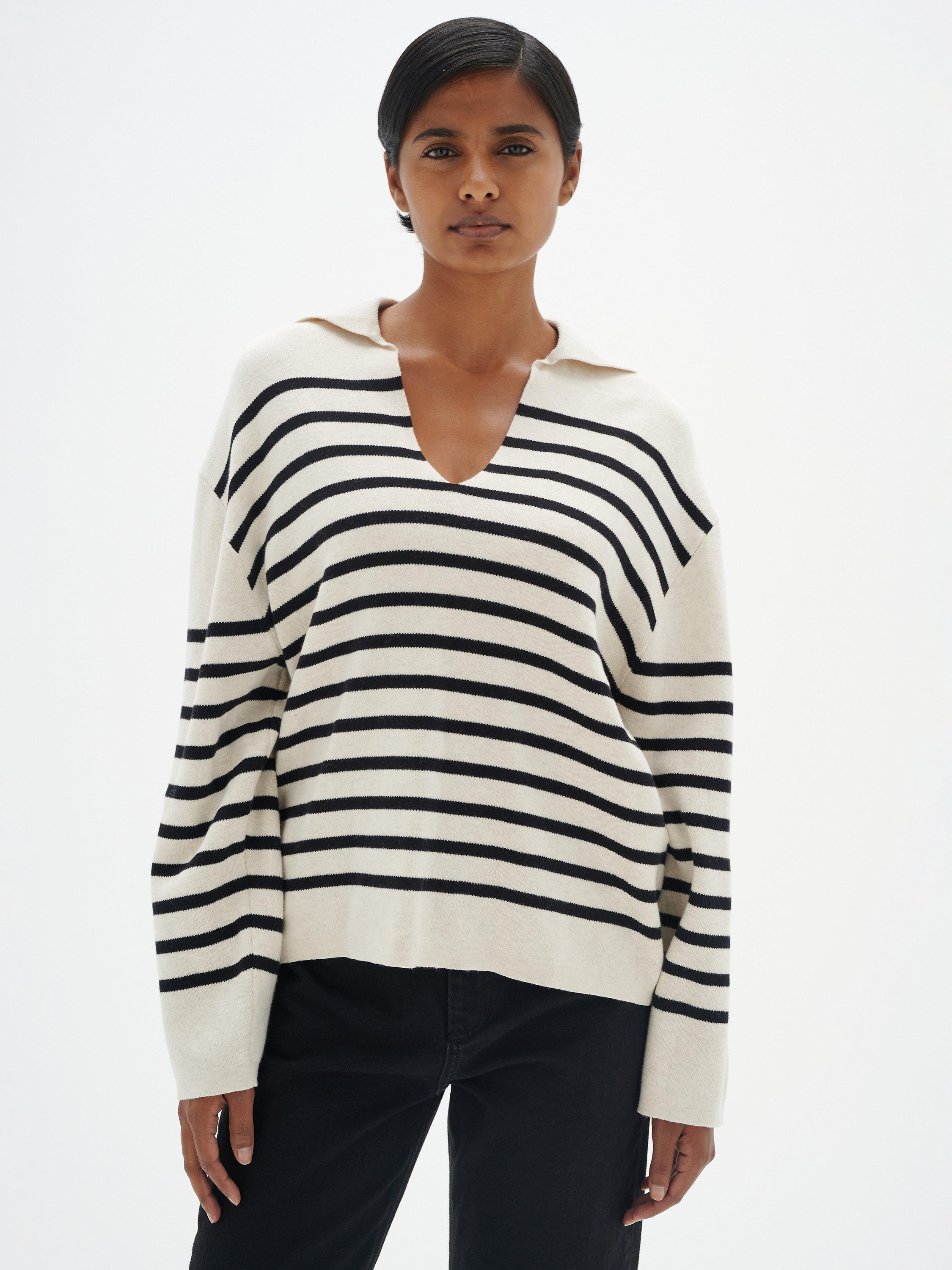 InWear Ropa Notch Neck Polo Collar Stripe Jumper, French Oak/Black