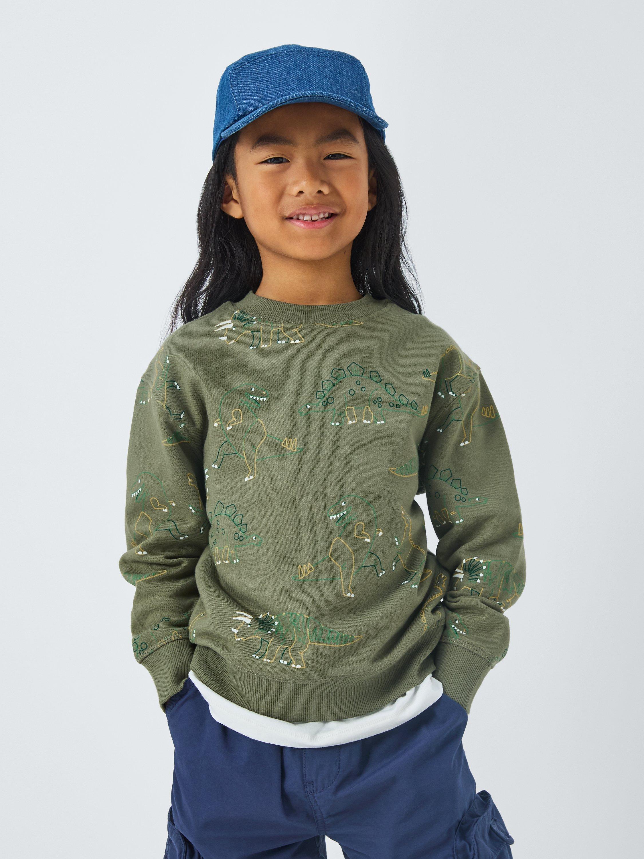 John Lewis Kids Dinosaur Brushback Cotton Sweatshirt Khaki