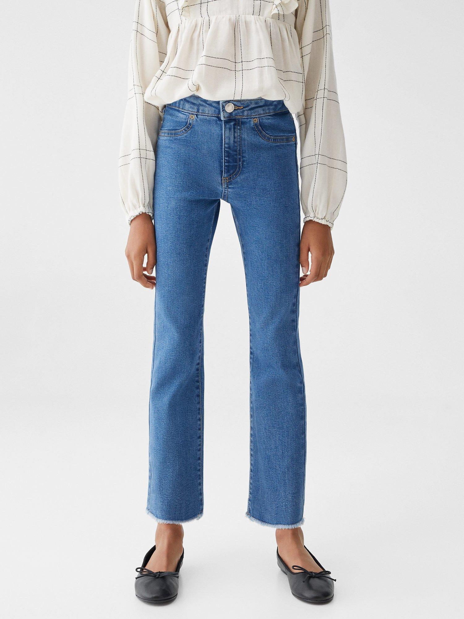 Mango Kids' Trumpet Flared Frayed Hem Jeans, Open Blue