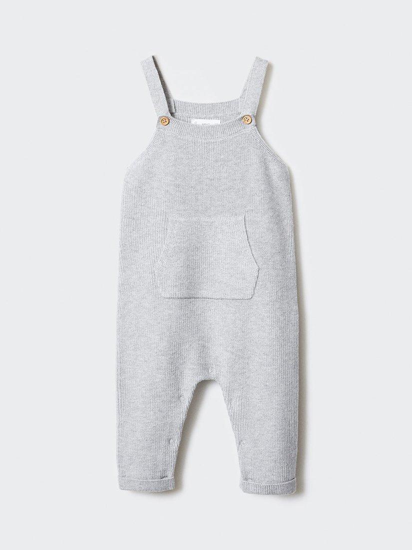 Product image 1 of 4, which shows Mango Baby York Knitted Dungarees, Light Pastel Grey, 1-3 months