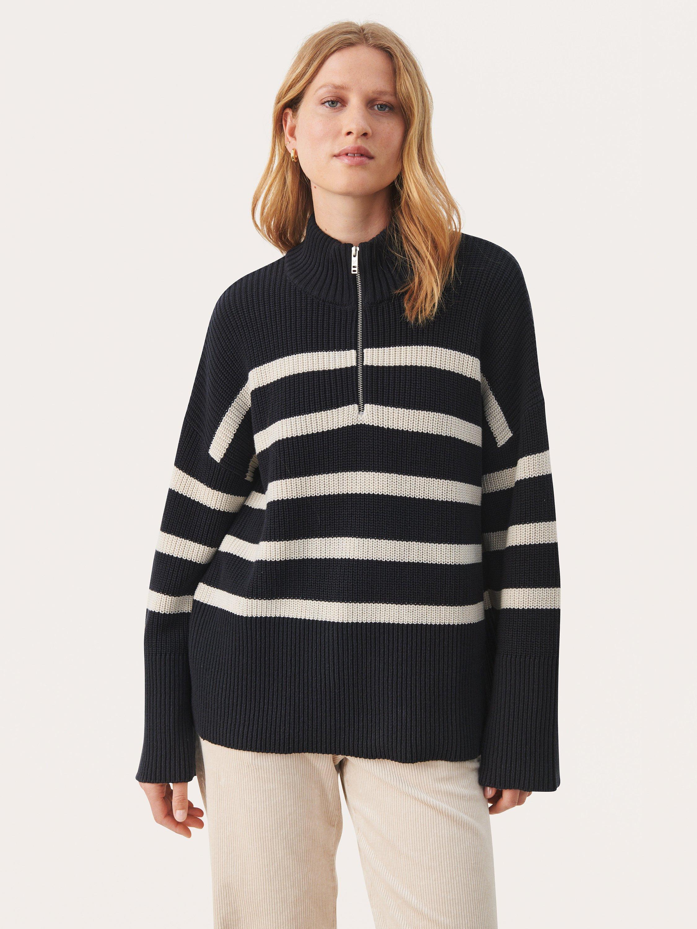 Part Two Rajana Stripe Zip Neck Jumper, Dark Navy