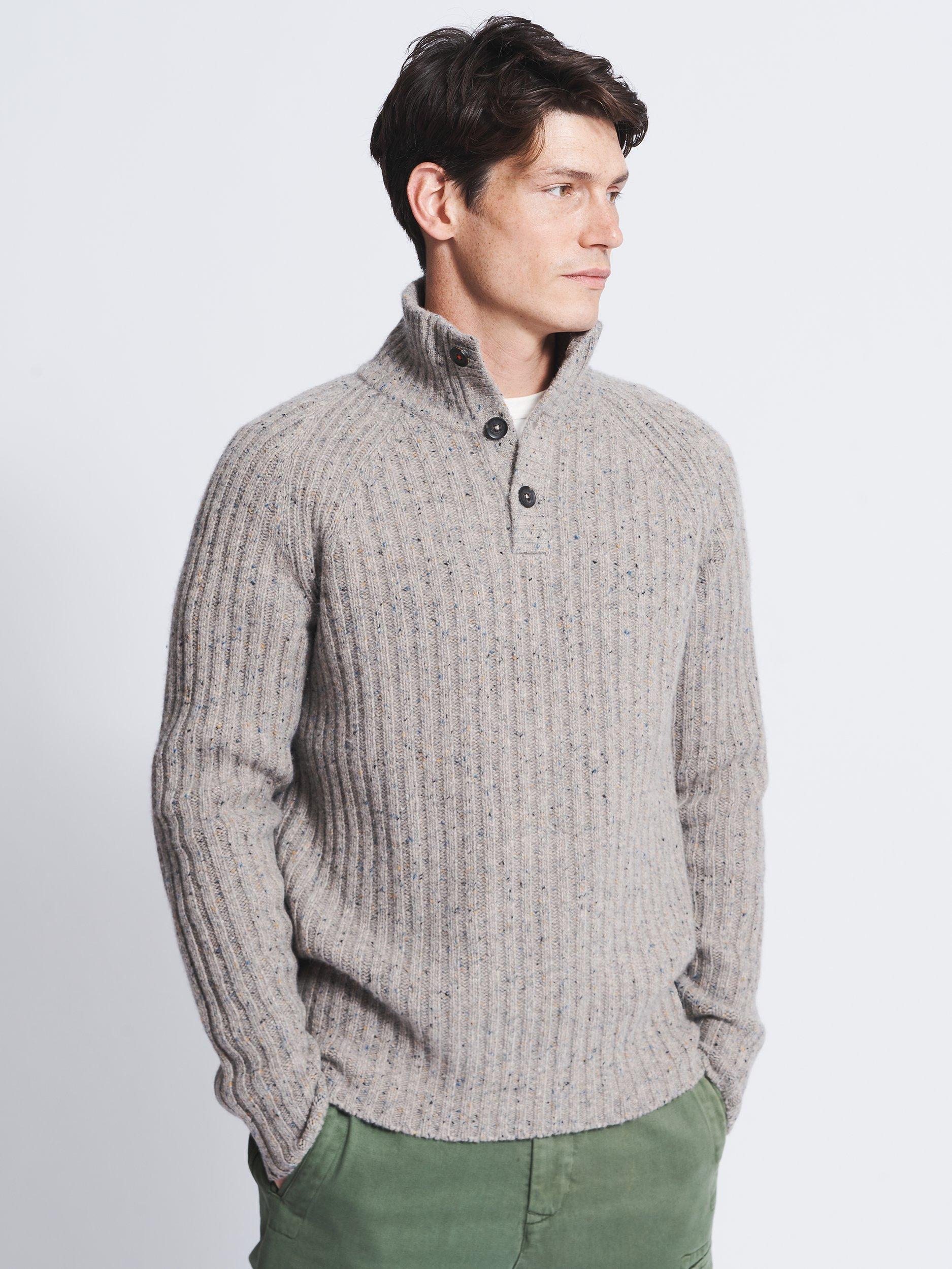 Aubin Farnham Fisherman Rib Button Neck Jumper, Grey