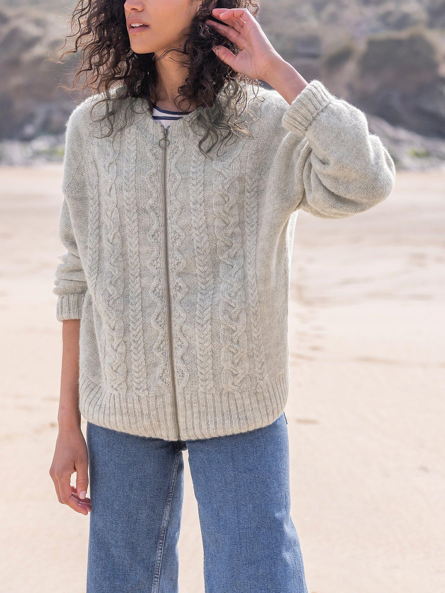 Product image 1 of 10, which shows Celtic & Co. British Wool Cable Knit Zip Cardigan, Undyed Taupe, XS