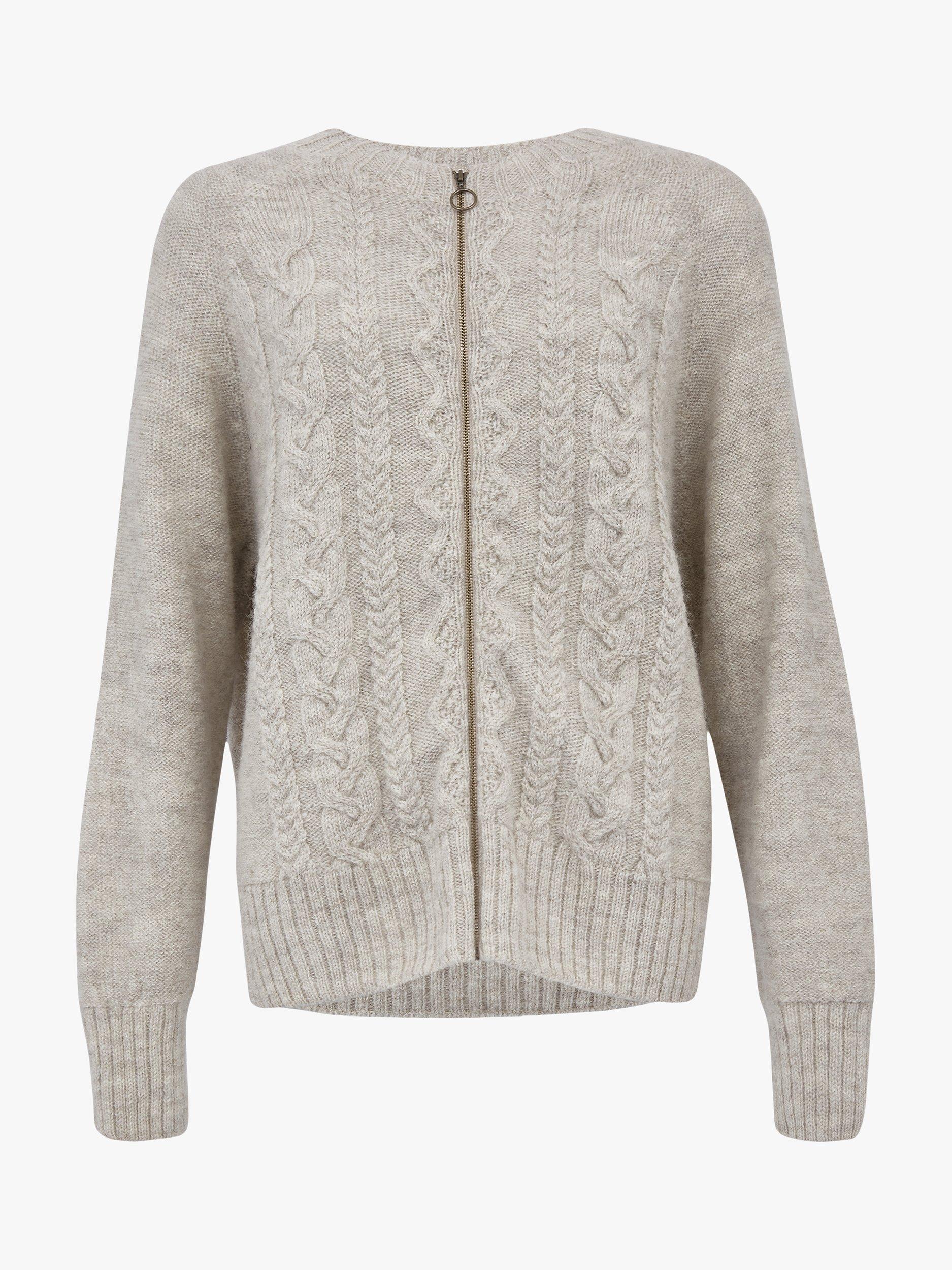Product image 3 of 10, which shows Celtic & Co. British Wool Cable Knit Zip Cardigan, Undyed Taupe, XS
