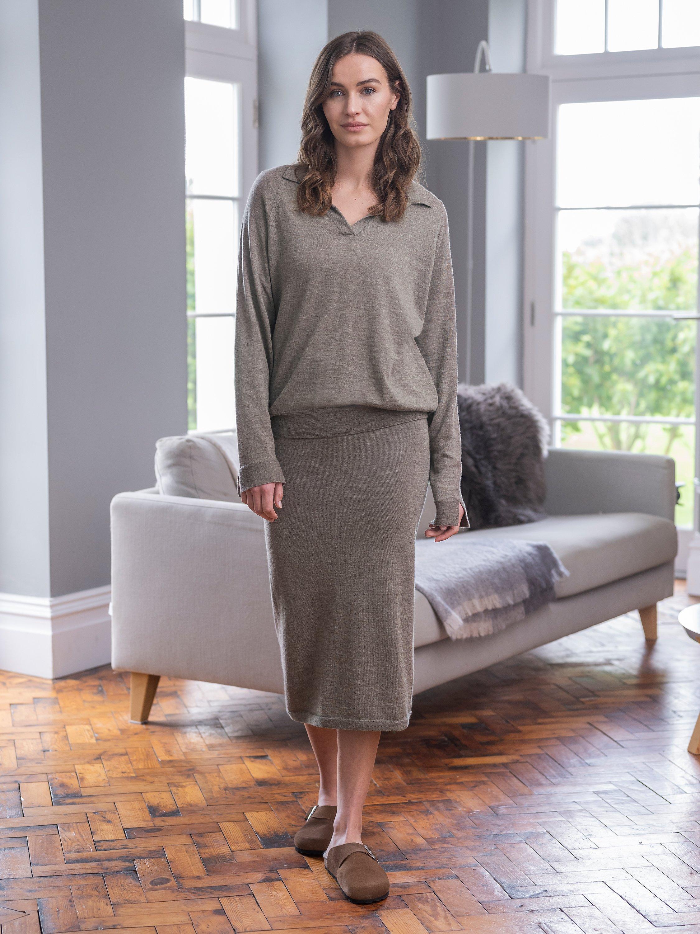 Product image 2 of 9, which shows Celtic & Co. Merino Wool Midi Skirt, Biscuit, XS