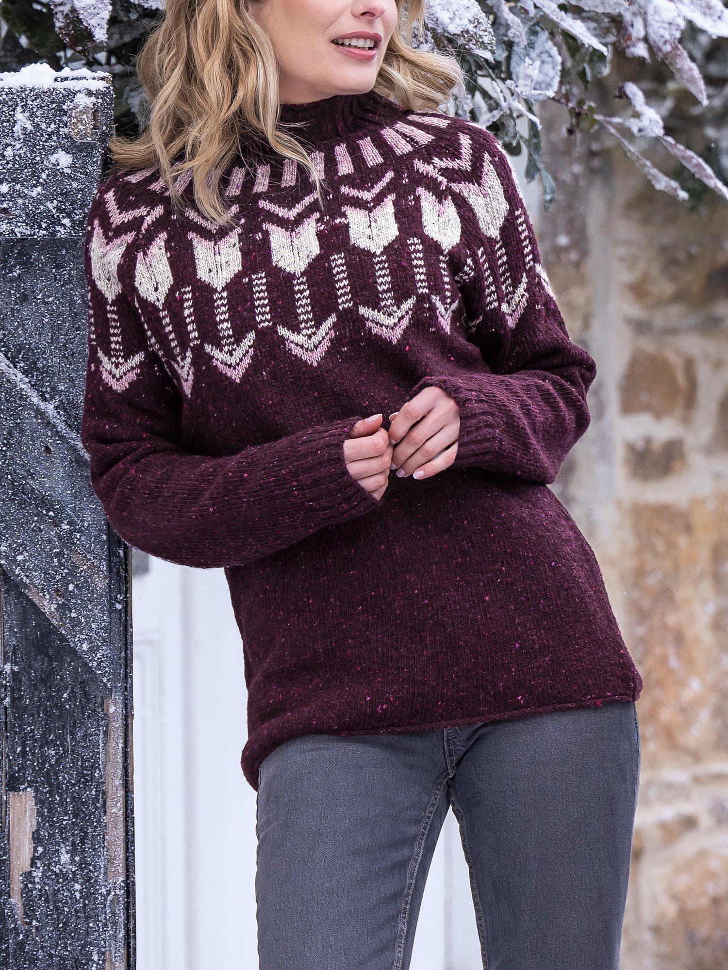 Celtic & Co. Fairisle Wool High Neck Jumper, Damson