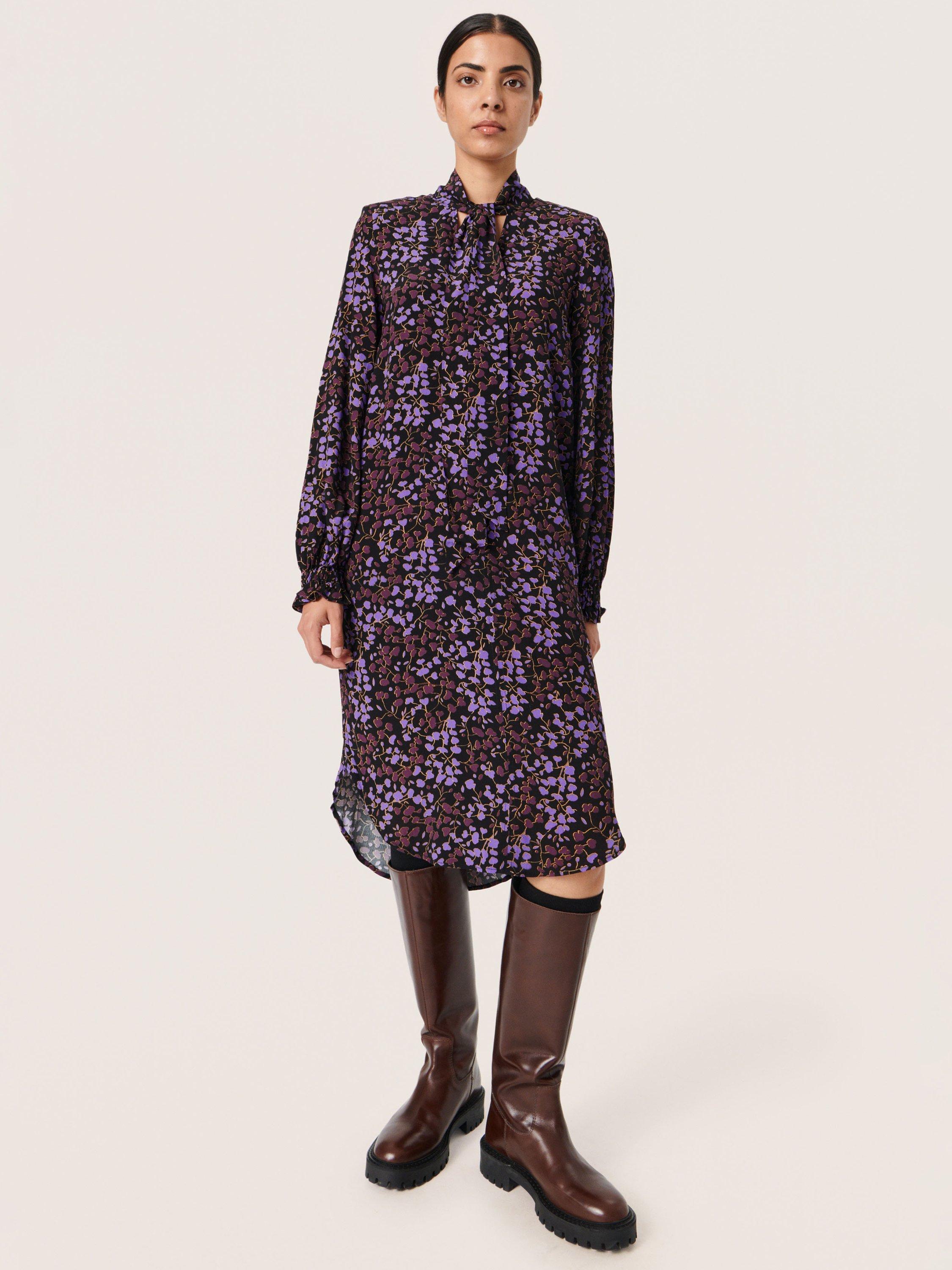 Soaked In Luxury Kenna Tie Neck Long Sleeve Dress, Black/Multi, L