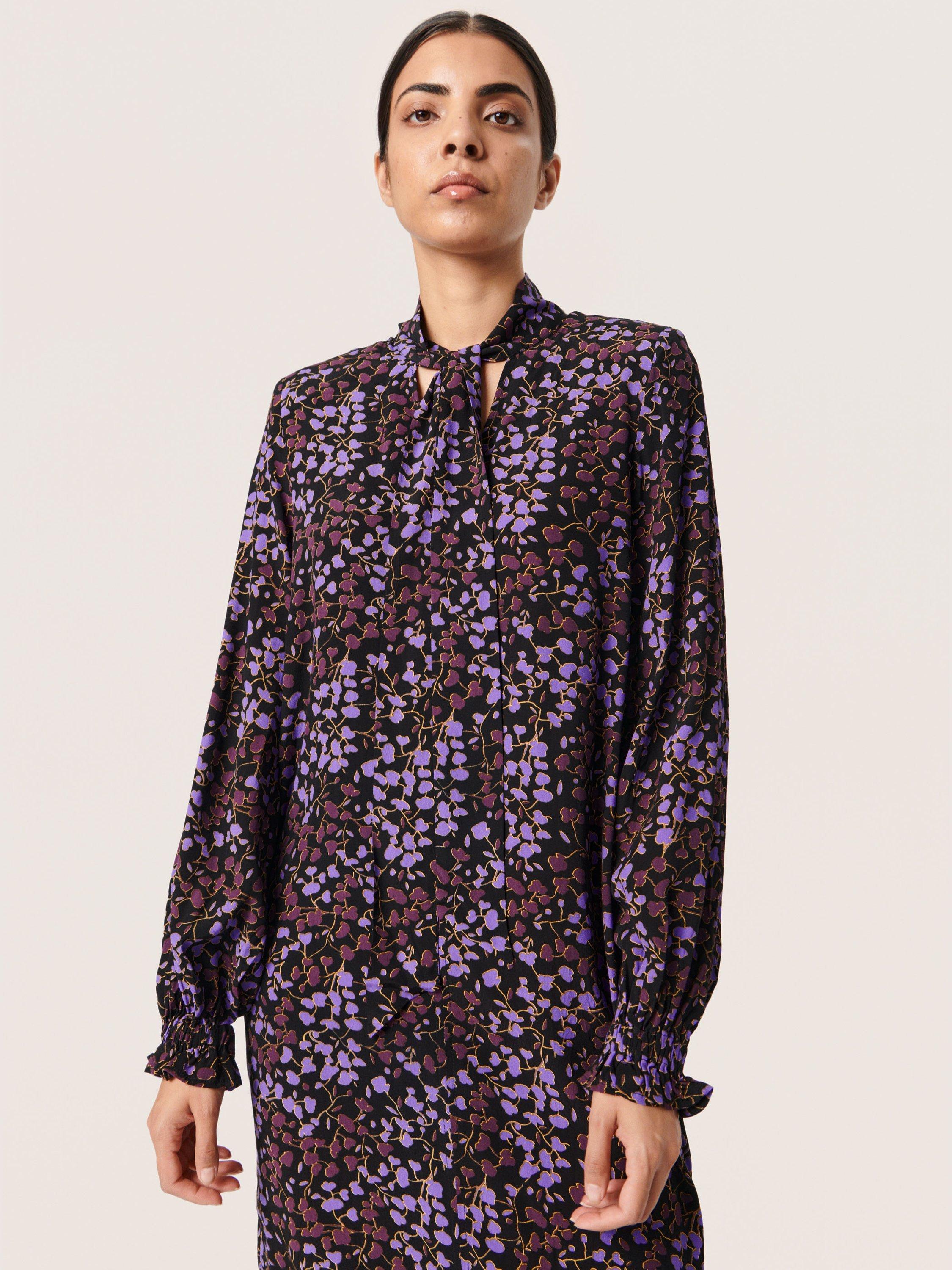 Soaked In Luxury Kenna Tie Neck Long Sleeve Dress, Black/Multi, L