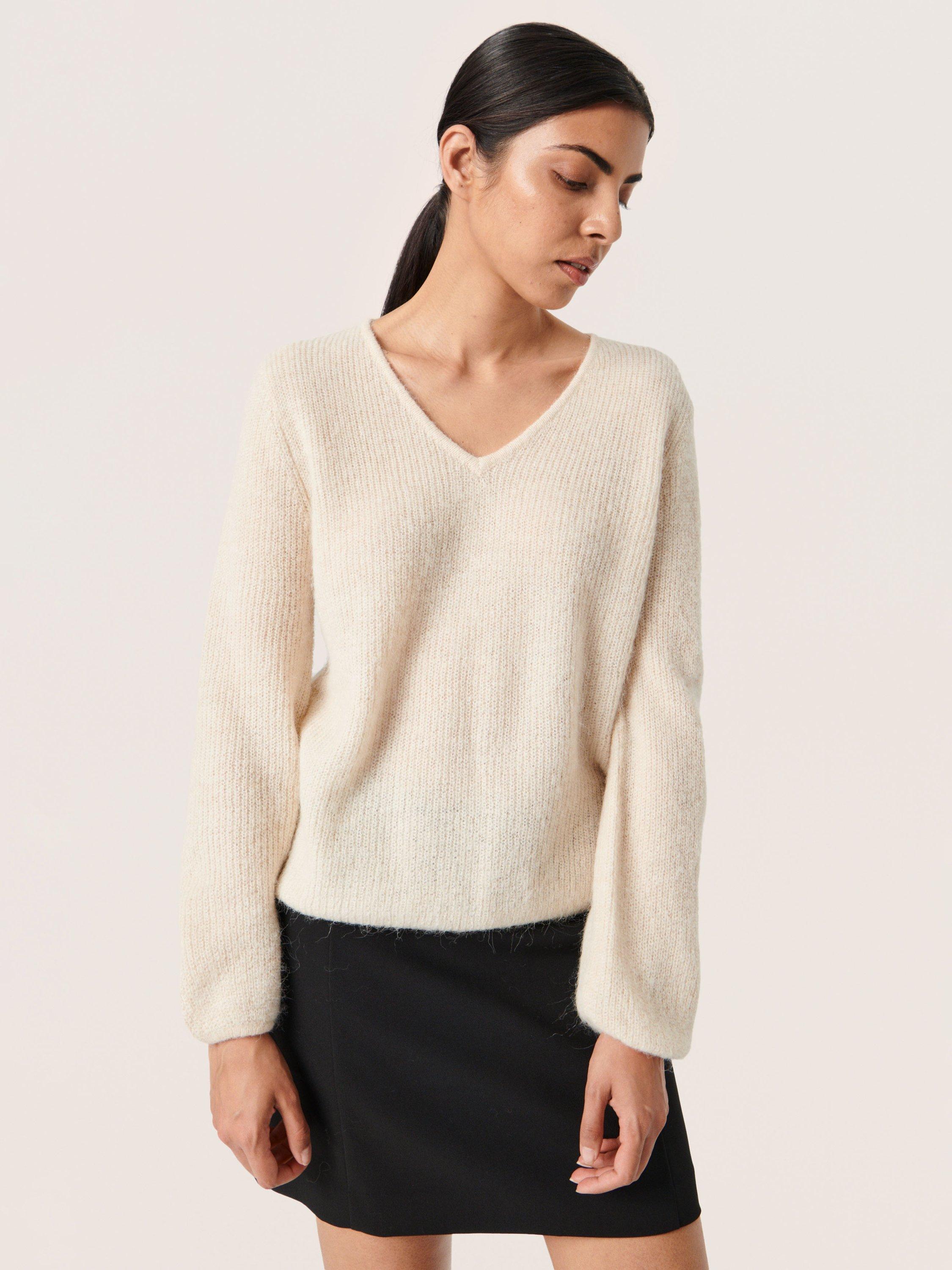 Product image 1 of 6, which shows Soaked In Luxury Tuesday Long Sleeve V-Neck Wool Jumper, Sandshell, XS