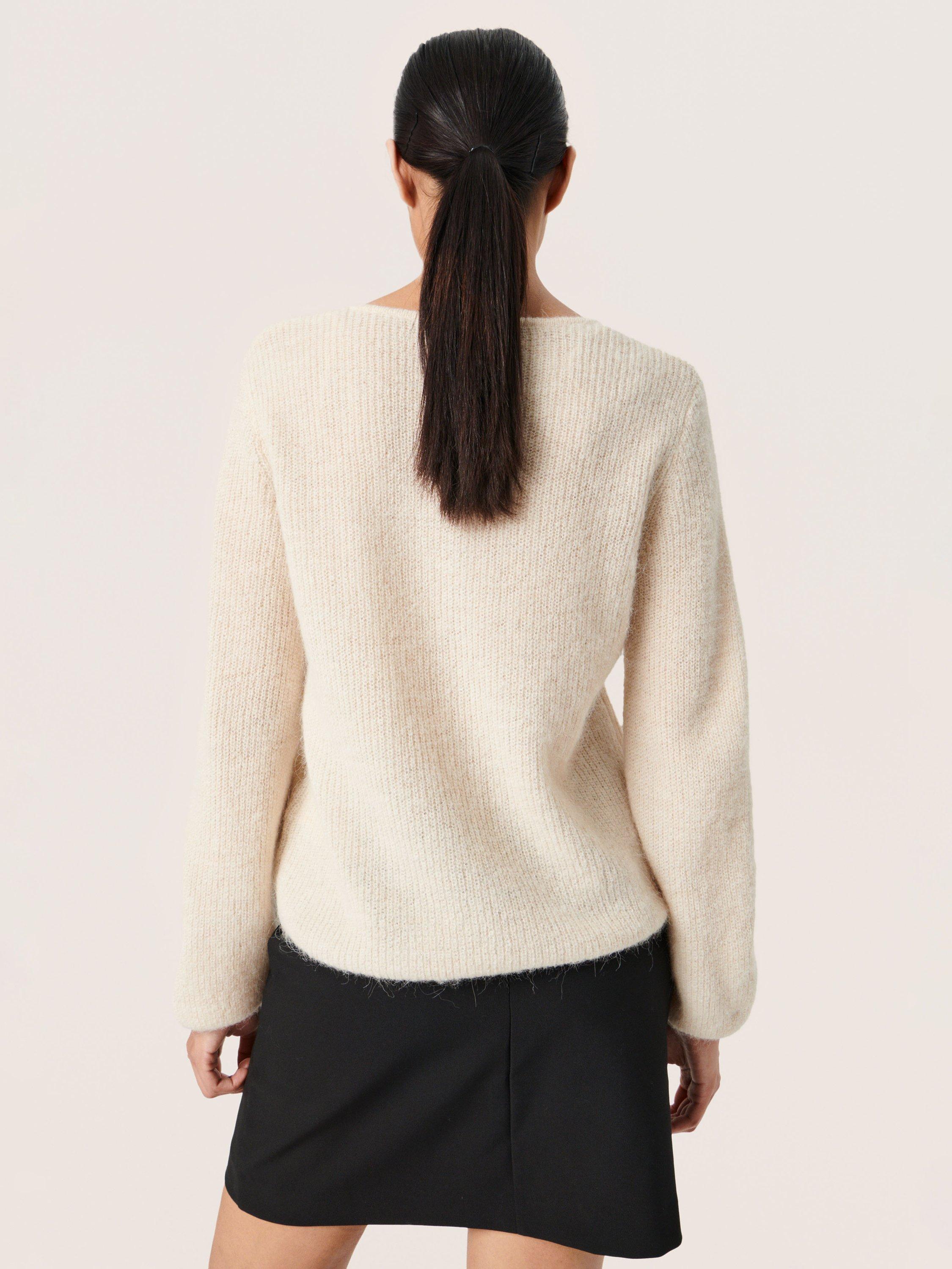 Product image 2 of 6, which shows Soaked In Luxury Tuesday Long Sleeve V-Neck Wool Jumper, Sandshell, XS