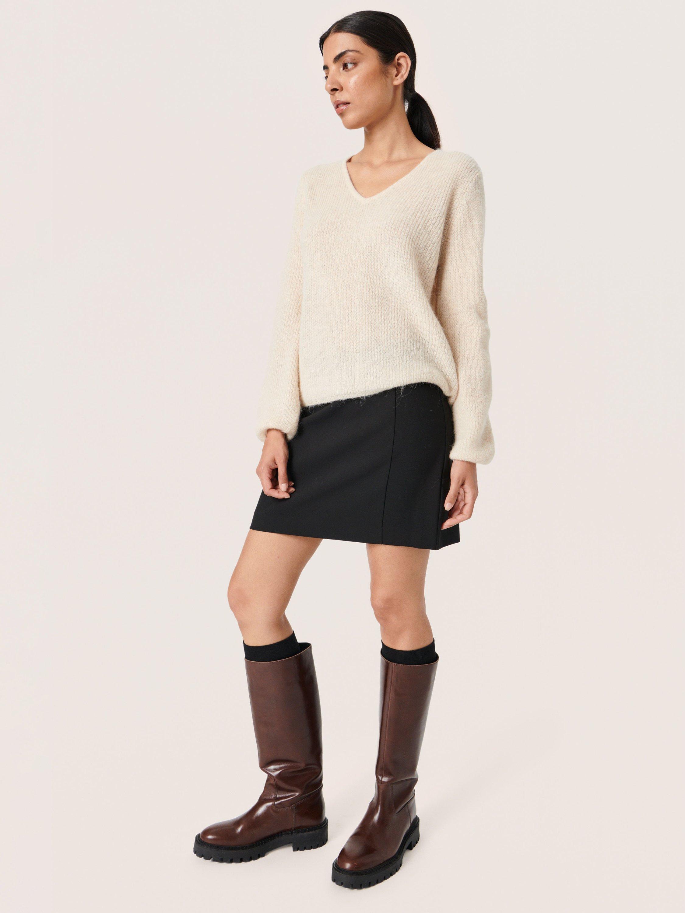 Product image 3 of 6, which shows Soaked In Luxury Tuesday Long Sleeve V-Neck Wool Jumper, Sandshell, XS