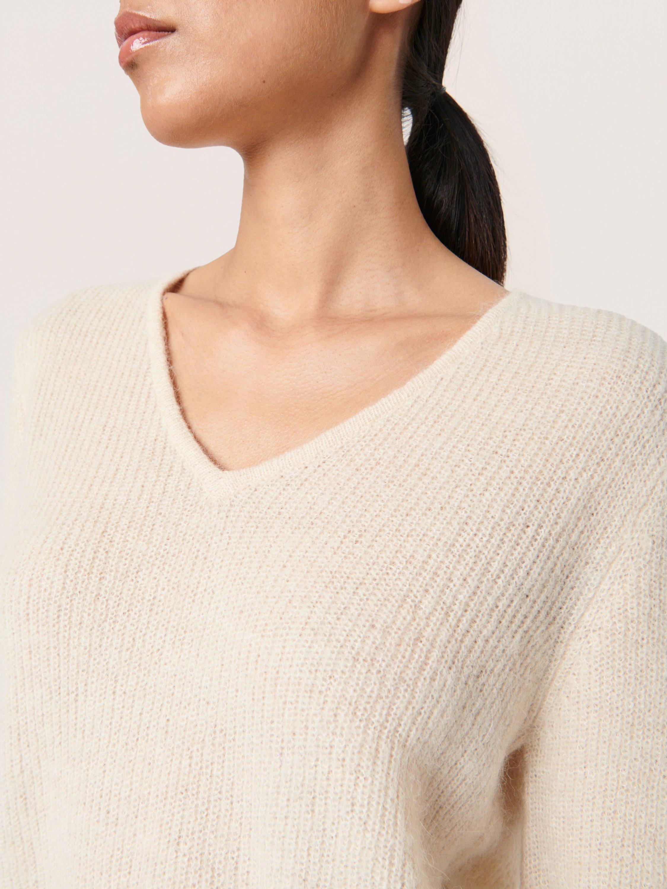 Product image 4 of 6, which shows Soaked In Luxury Tuesday Long Sleeve V-Neck Wool Jumper, Sandshell, XS
