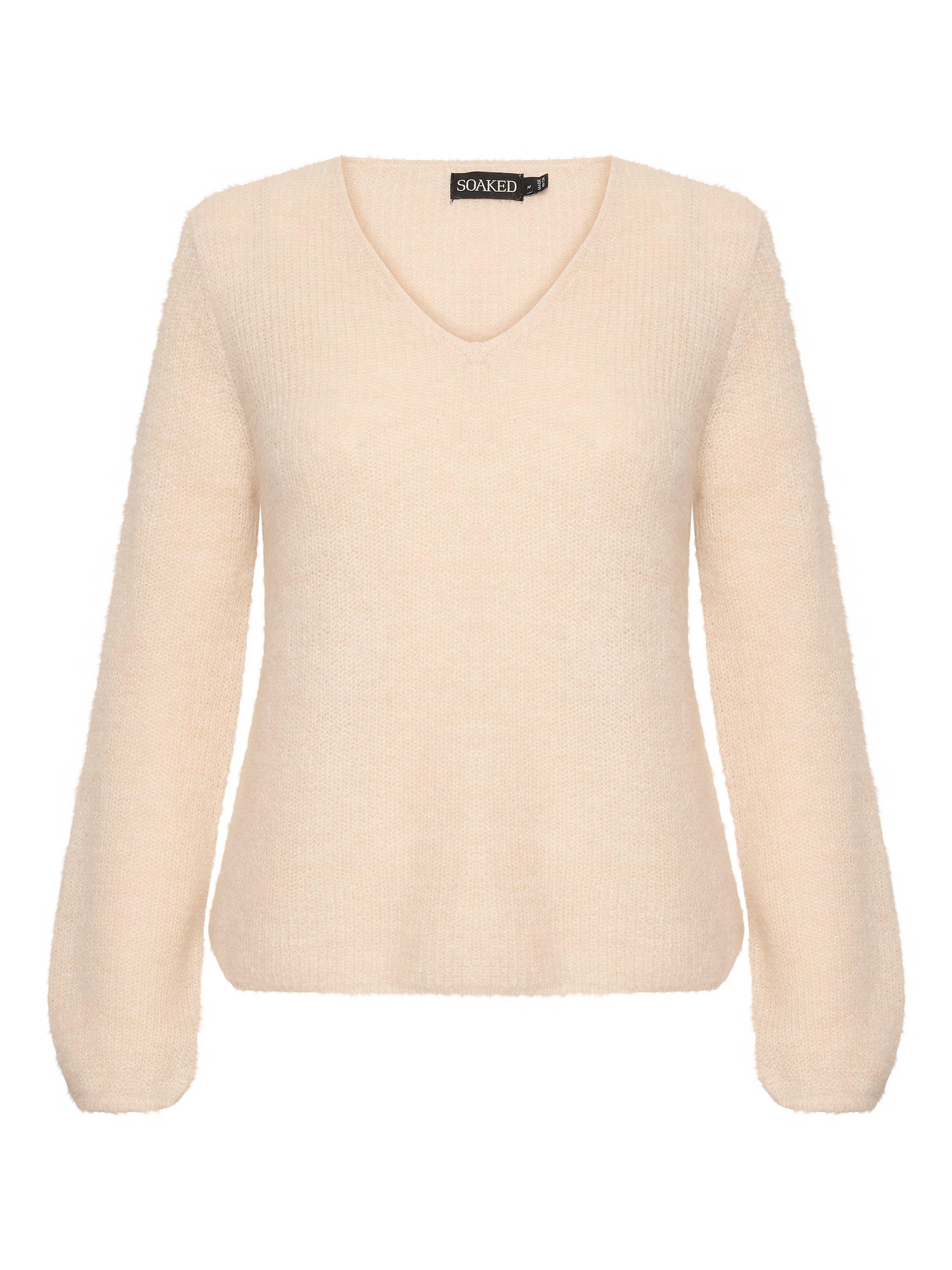 Product image 5 of 6, which shows Soaked In Luxury Tuesday Long Sleeve V-Neck Wool Jumper, Sandshell, XS
