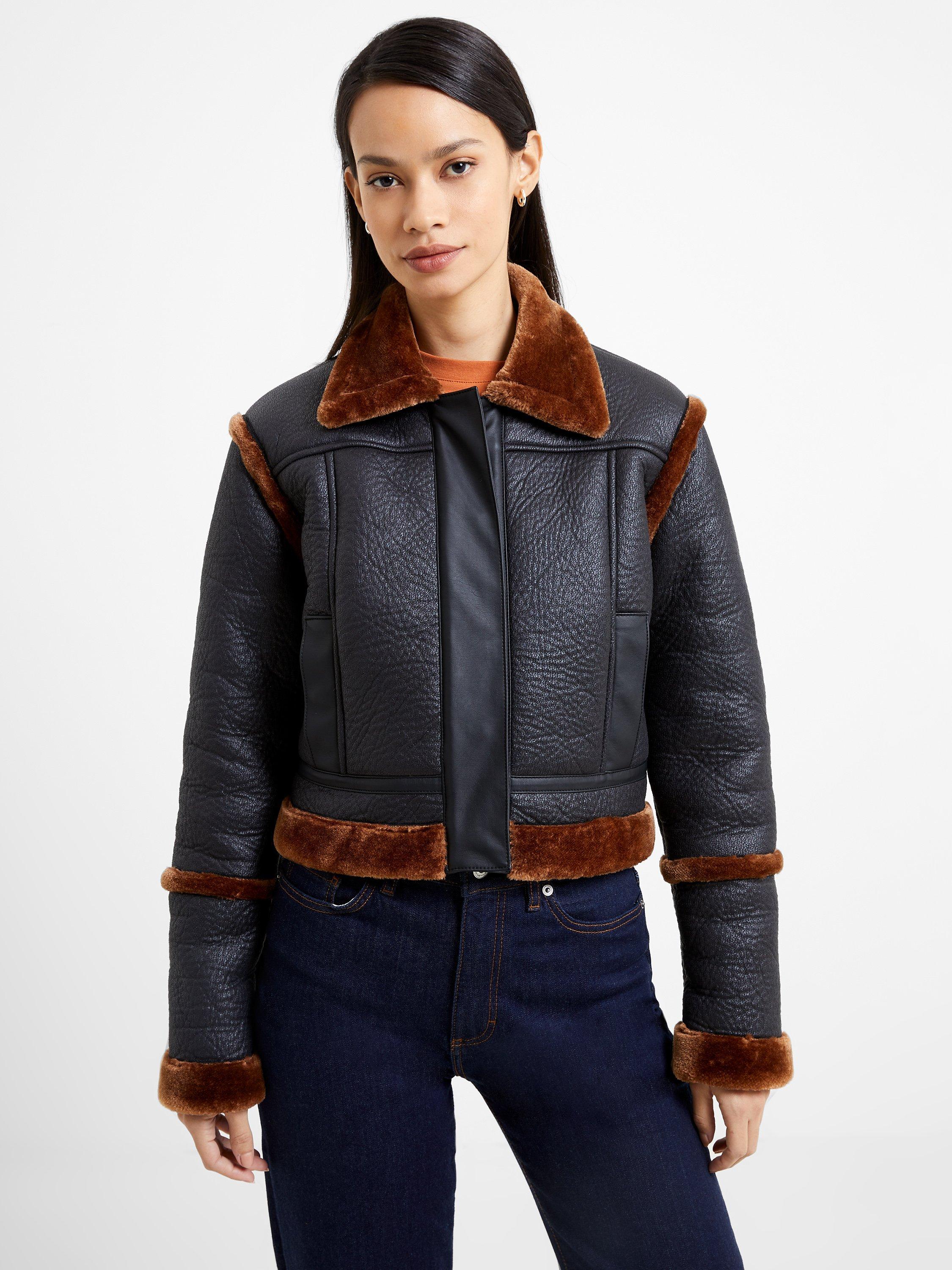 French Connection Belen Faux Fur Trim Cropped Jacket, Blackout/Tobacco