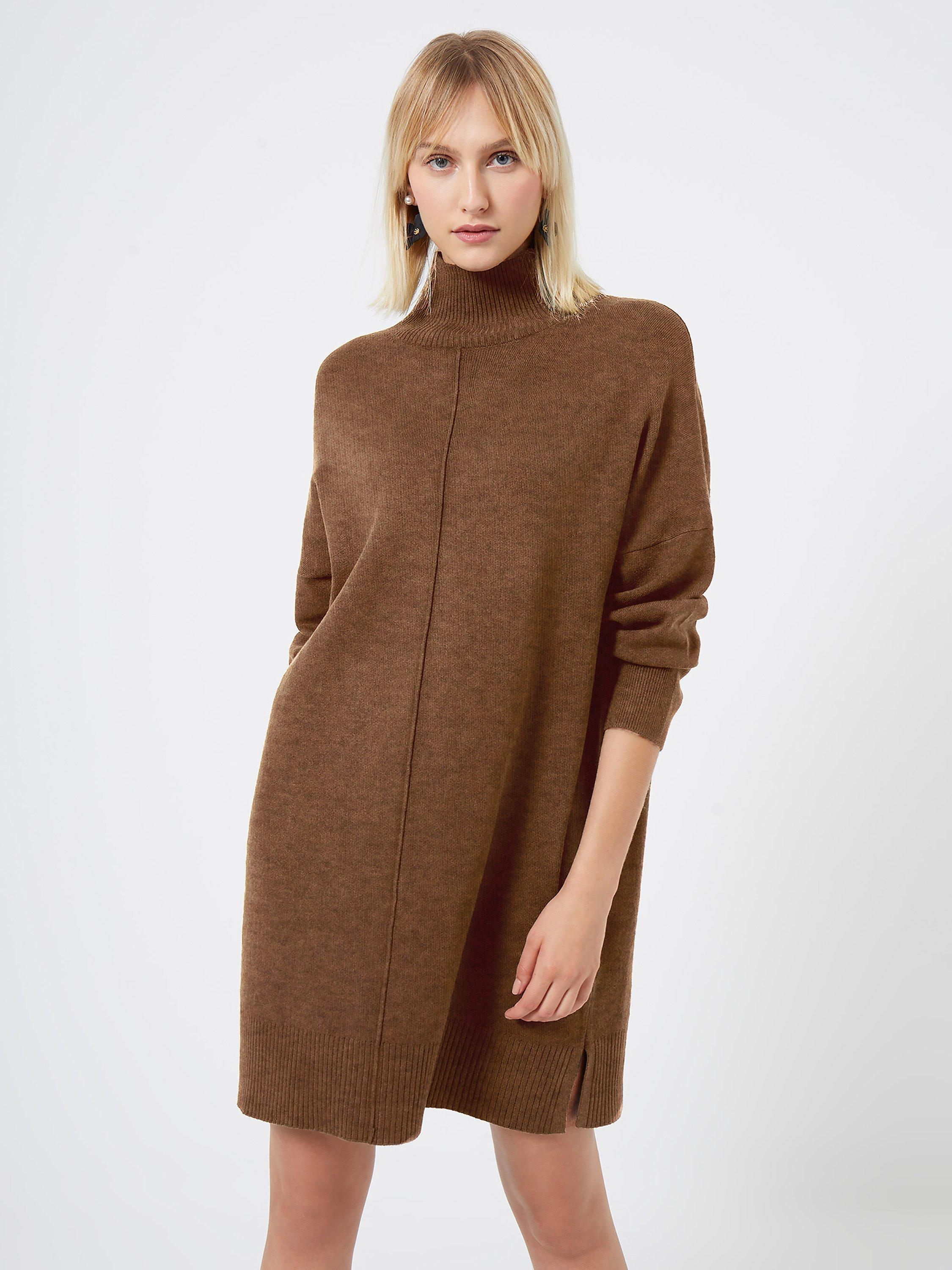 French Connection Babysoft Funnel Neck Jumper Dress, Dark Camel Melange