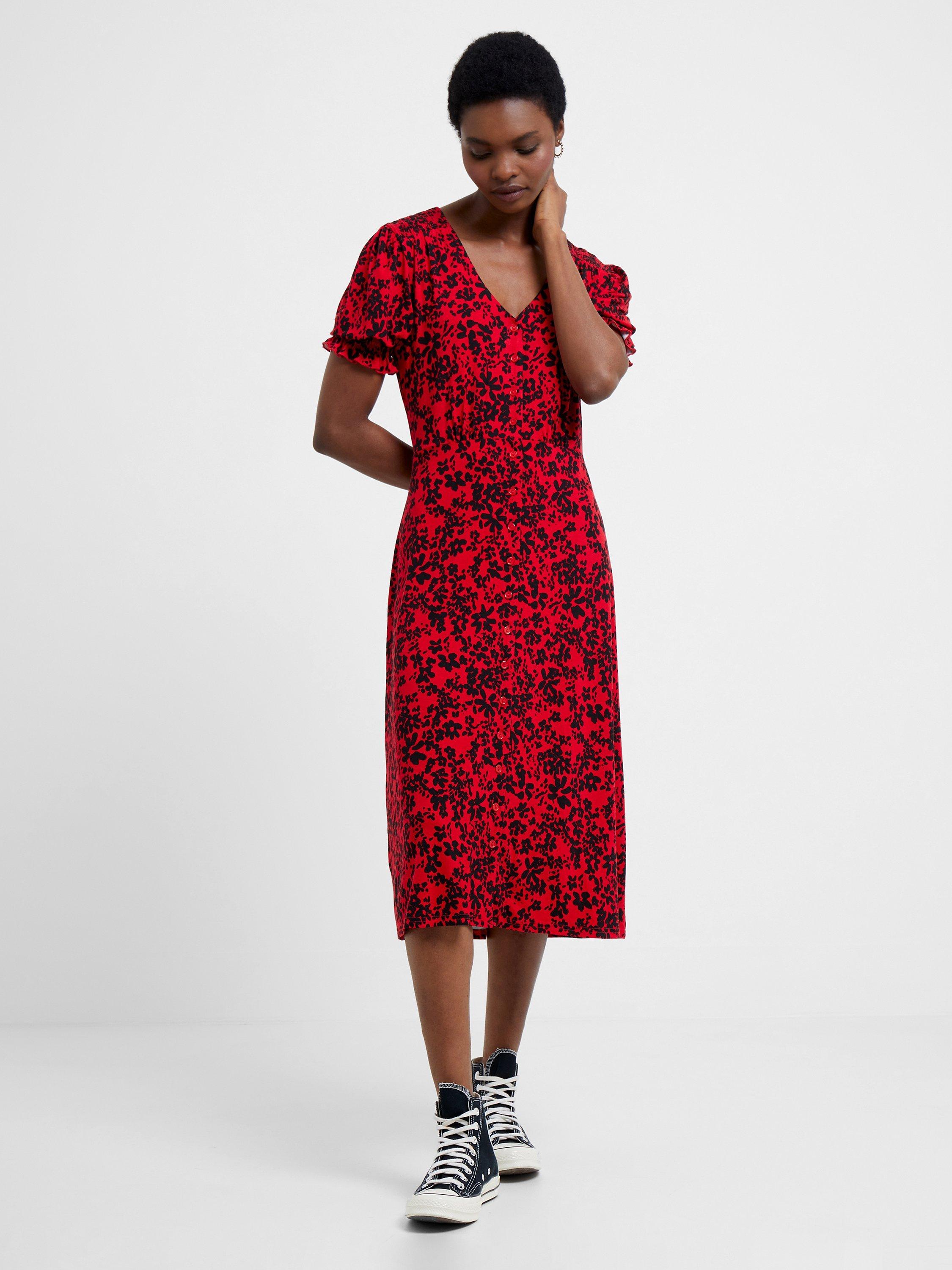 French Connection Vee Button Thru Dress Red Black