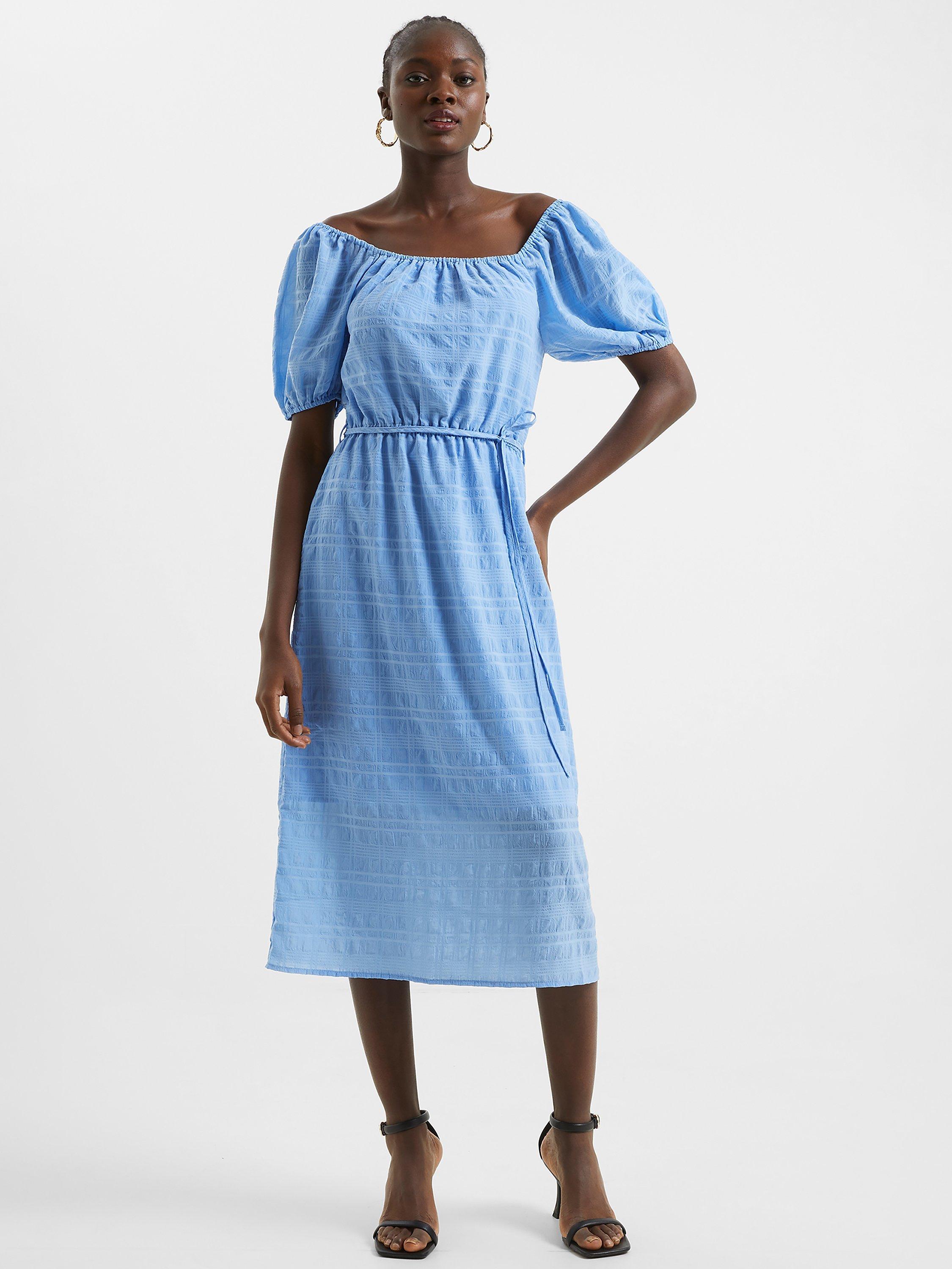 French Connection Bardot Neck Textured Midi Dress, Cornflower