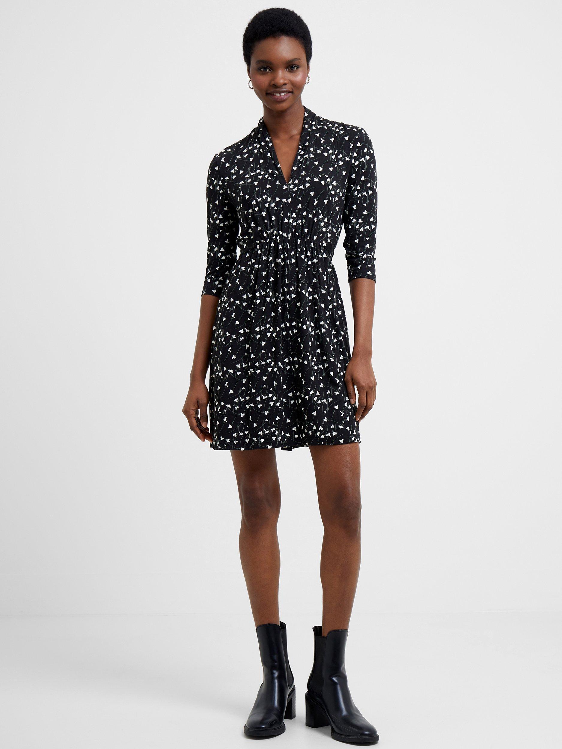 French Connection Floral Print V-Neck Dress, Black