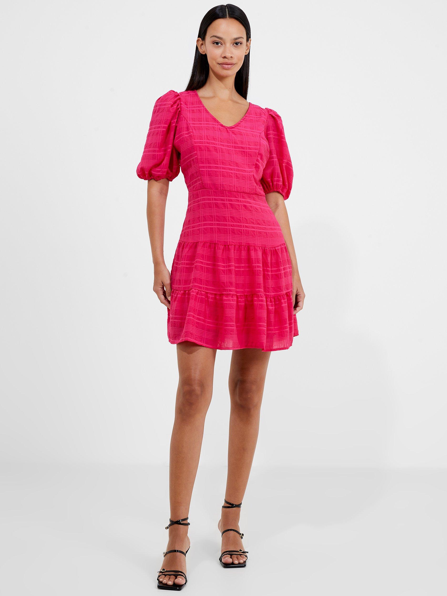 French Connection Check Tiered Mini Dress, Hot Pink