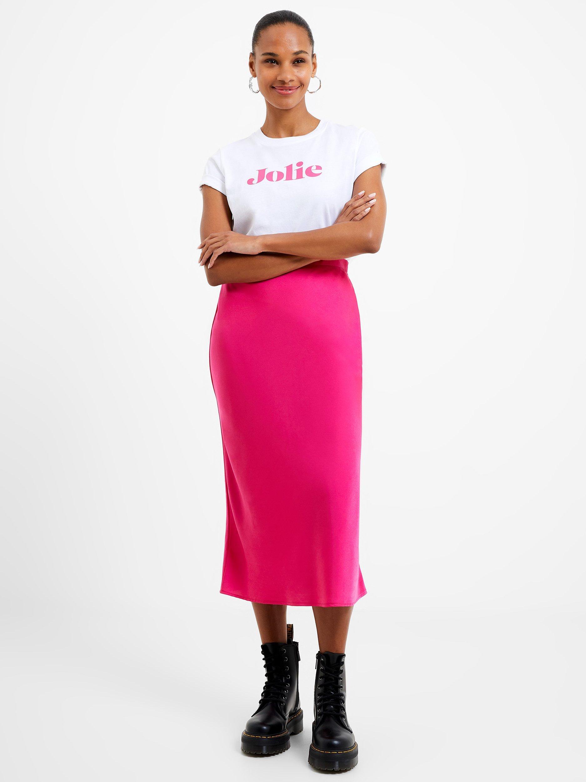 French Connection Satin Slip Midi Skirt, Hot Pink